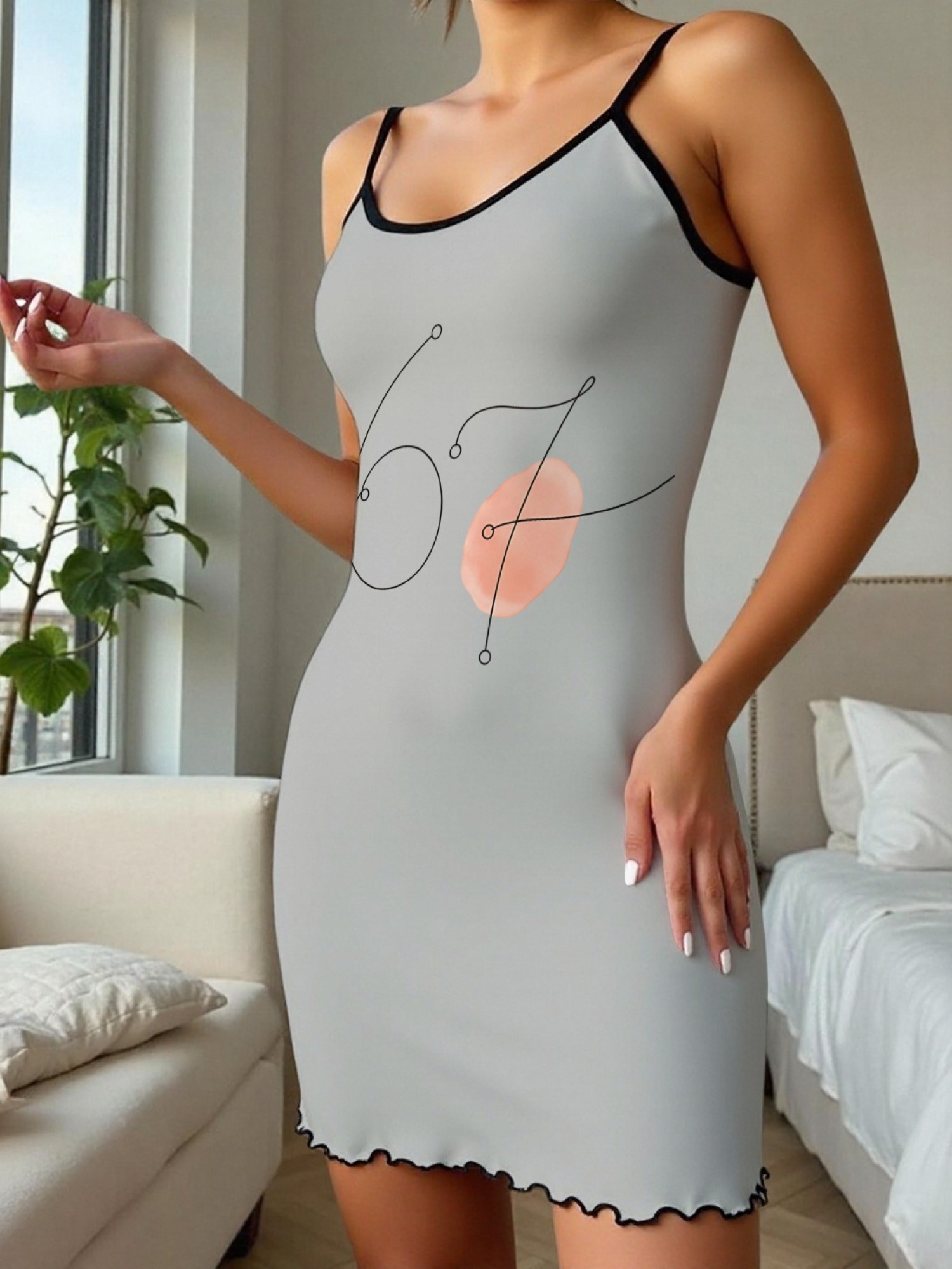 Women's "67" Printed Satin Cami Nightgown - Soft Silky Sleep Dress (6 Colors: Orange/Pink/White/Green/Light Purple/Light Gray)