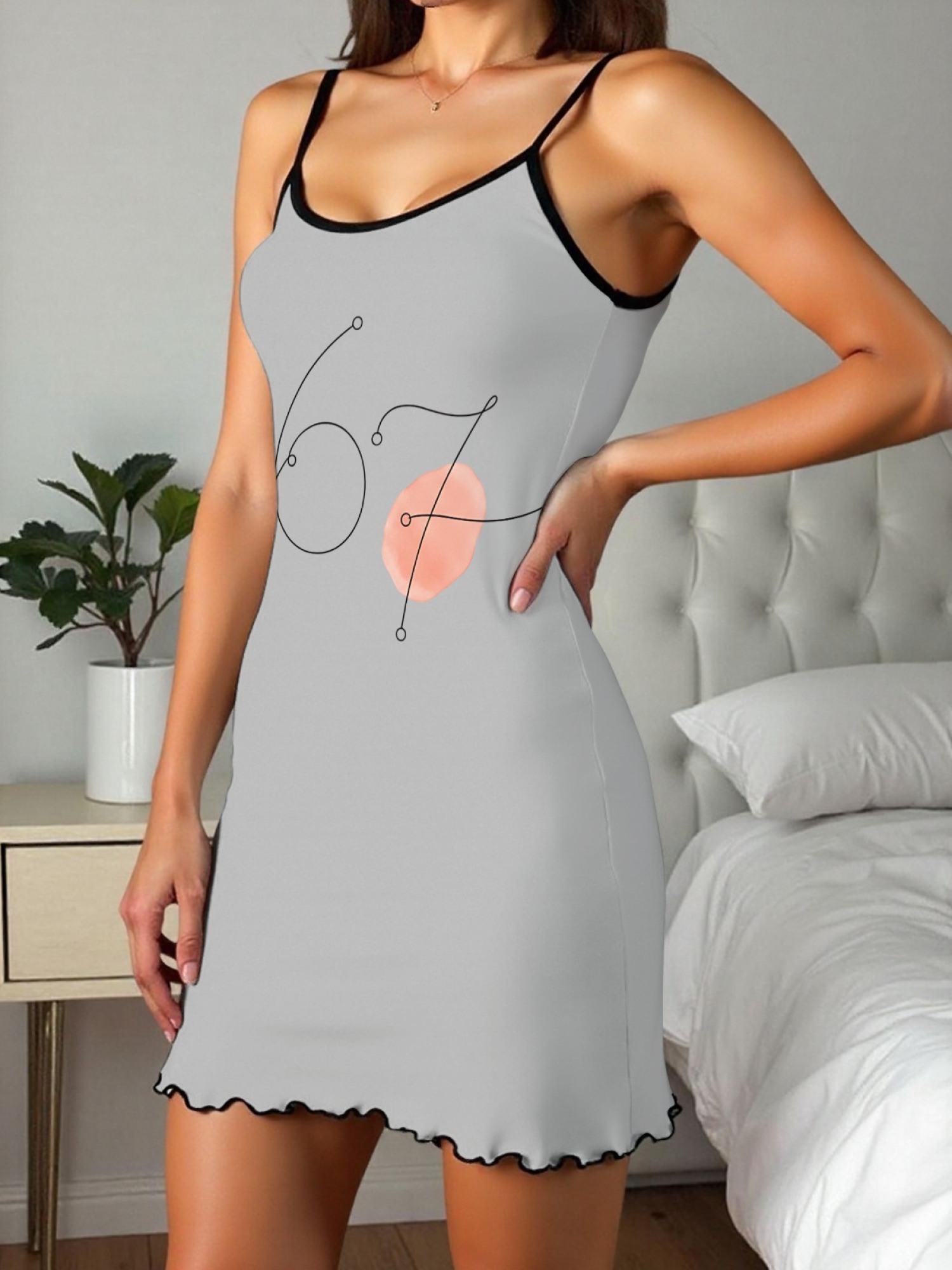 Women's "67" Printed Satin Cami Nightgown - Soft Silky Sleep Dress (6 Colors: Orange/Pink/White/Green/Light Purple/Light Gray)