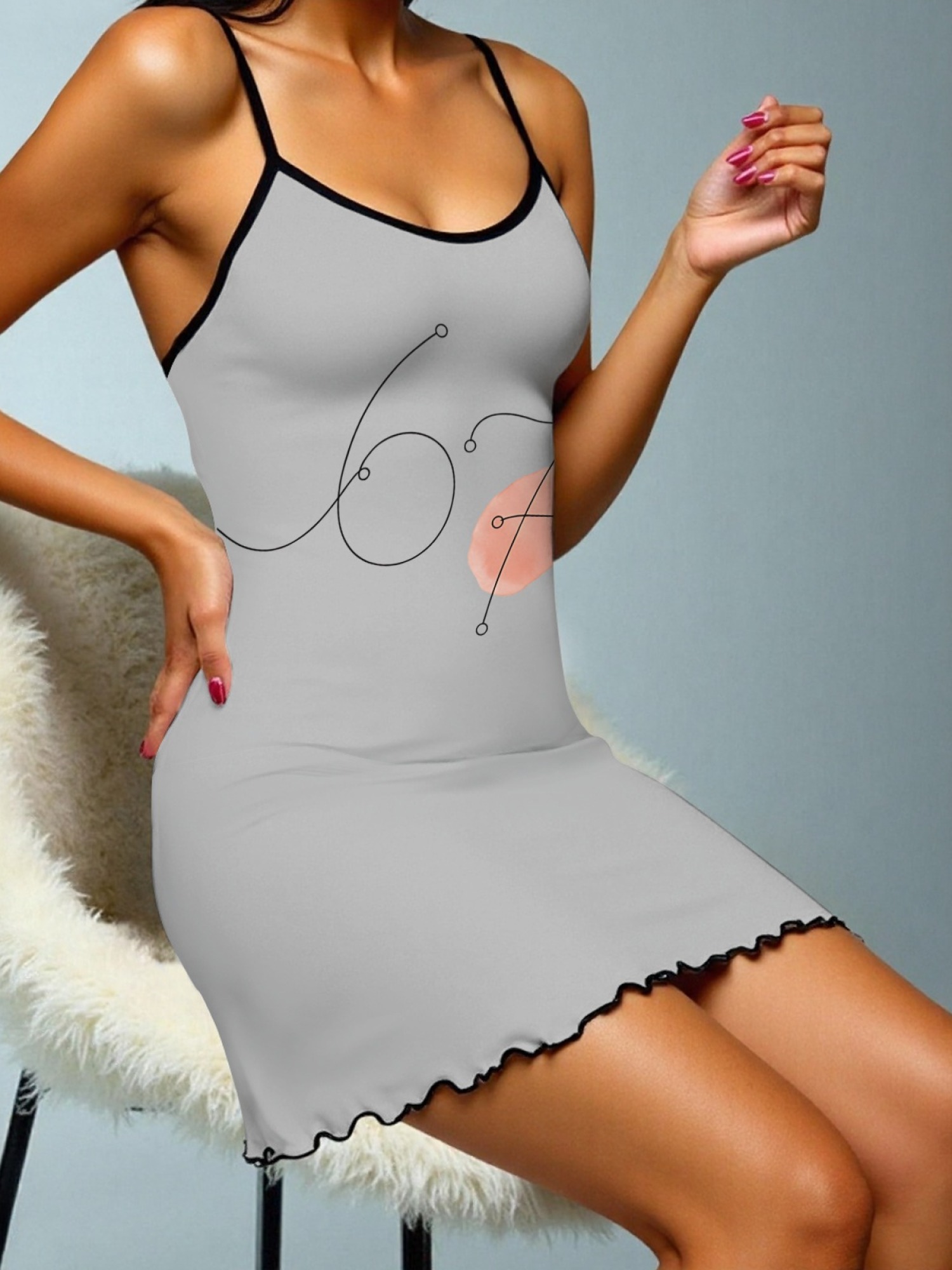 Women's "67" Printed Satin Cami Nightgown - Soft Silky Sleep Dress (6 Colors: Orange/Pink/White/Green/Light Purple/Light Gray)