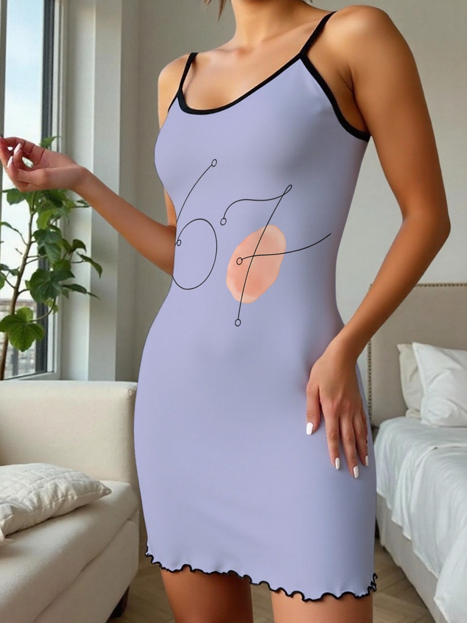 Women's "67" Printed Satin Cami Nightgown - Soft Silky Sleep Dress (6 Colors: Orange/Pink/White/Green/Light Purple/Light Gray)