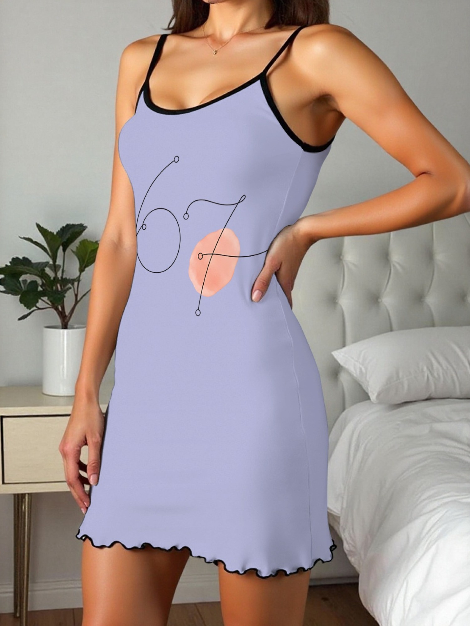 Women's "67" Printed Satin Cami Nightgown - Soft Silky Sleep Dress (6 Colors: Orange/Pink/White/Green/Light Purple/Light Gray)