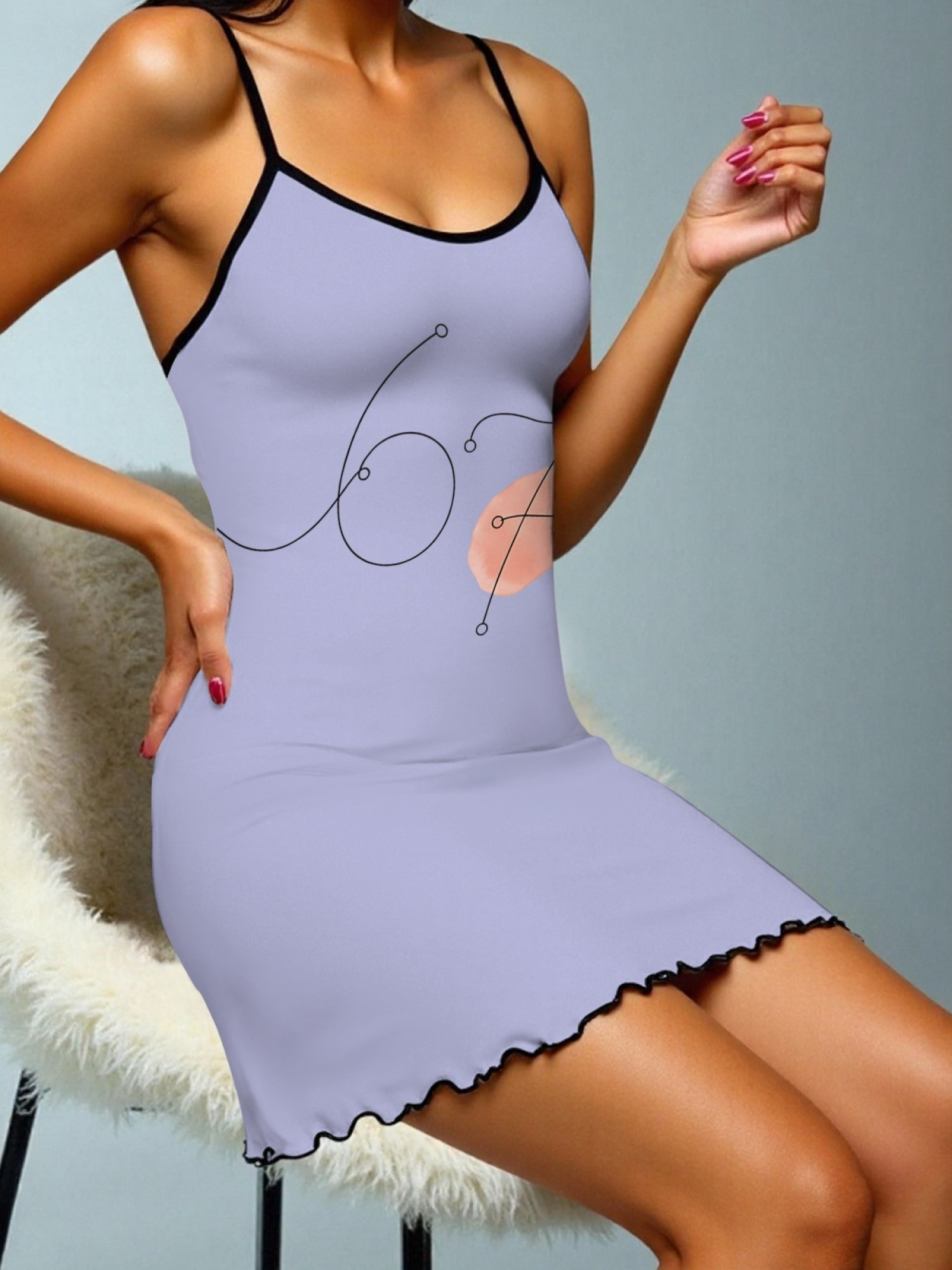 Women's "67" Printed Satin Cami Nightgown - Soft Silky Sleep Dress (6 Colors: Orange/Pink/White/Green/Light Purple/Light Gray)