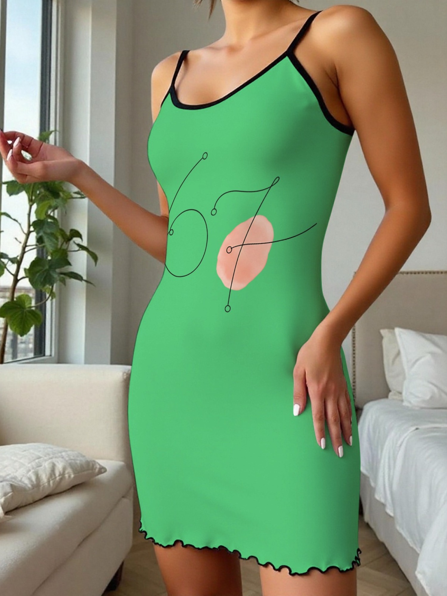 Women's "67" Printed Satin Cami Nightgown - Soft Silky Sleep Dress (6 Colors: Orange/Pink/White/Green/Light Purple/Light Gray)