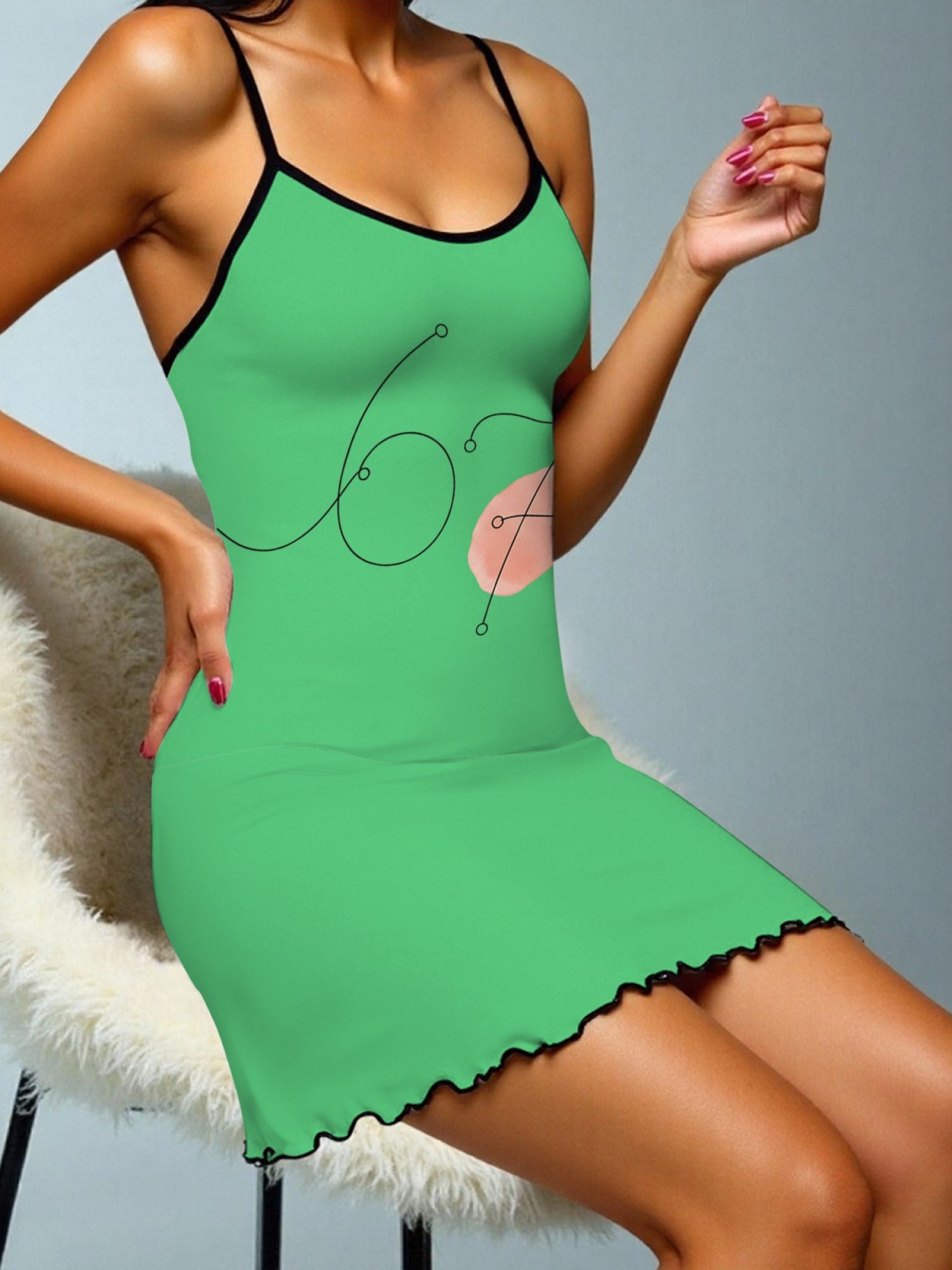 Women's "67" Printed Satin Cami Nightgown - Soft Silky Sleep Dress (6 Colors: Orange/Pink/White/Green/Light Purple/Light Gray)