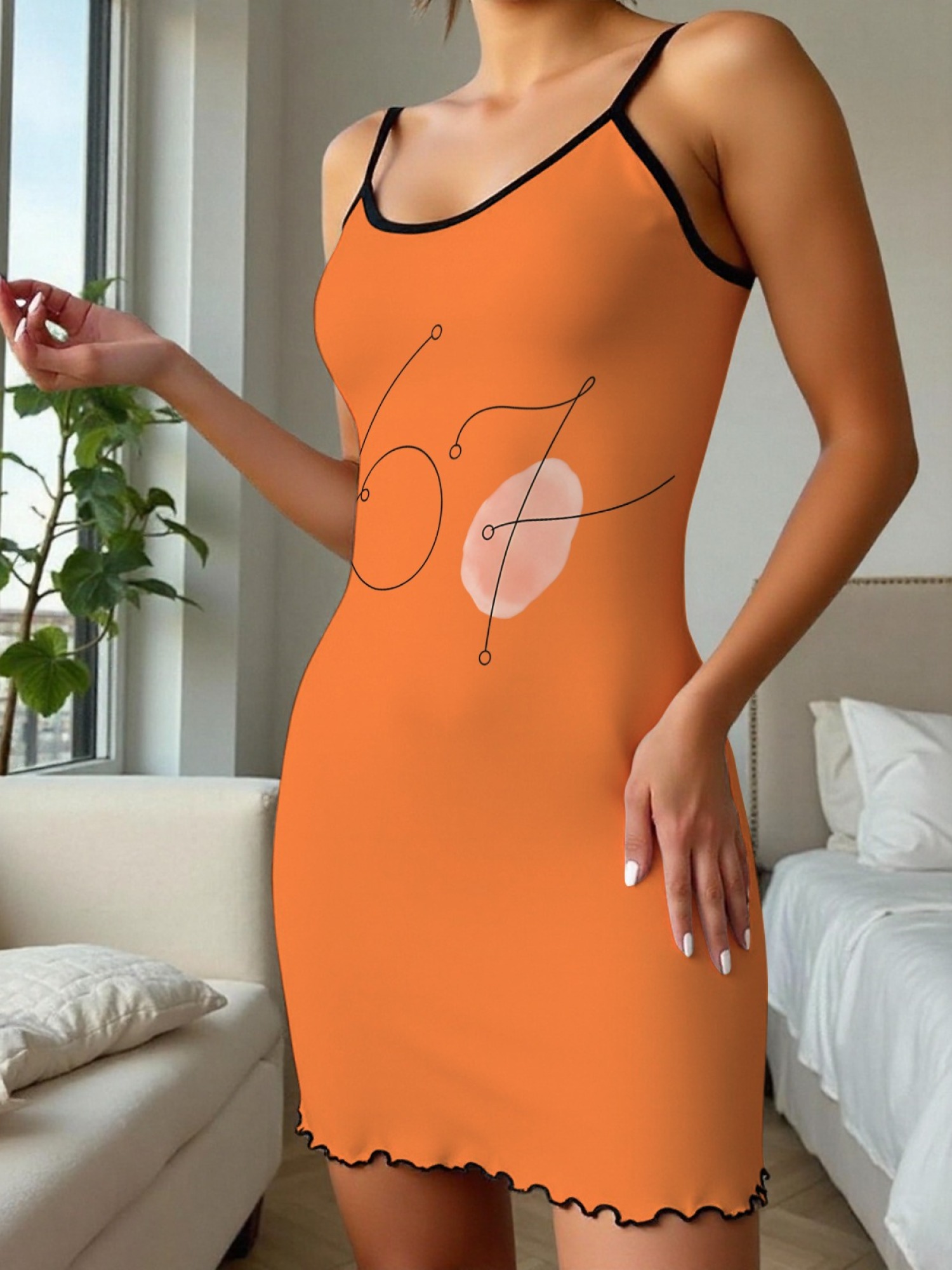 Women's "67" Printed Satin Cami Nightgown - Soft Silky Sleep Dress (6 Colors: Orange/Pink/White/Green/Light Purple/Light Gray)