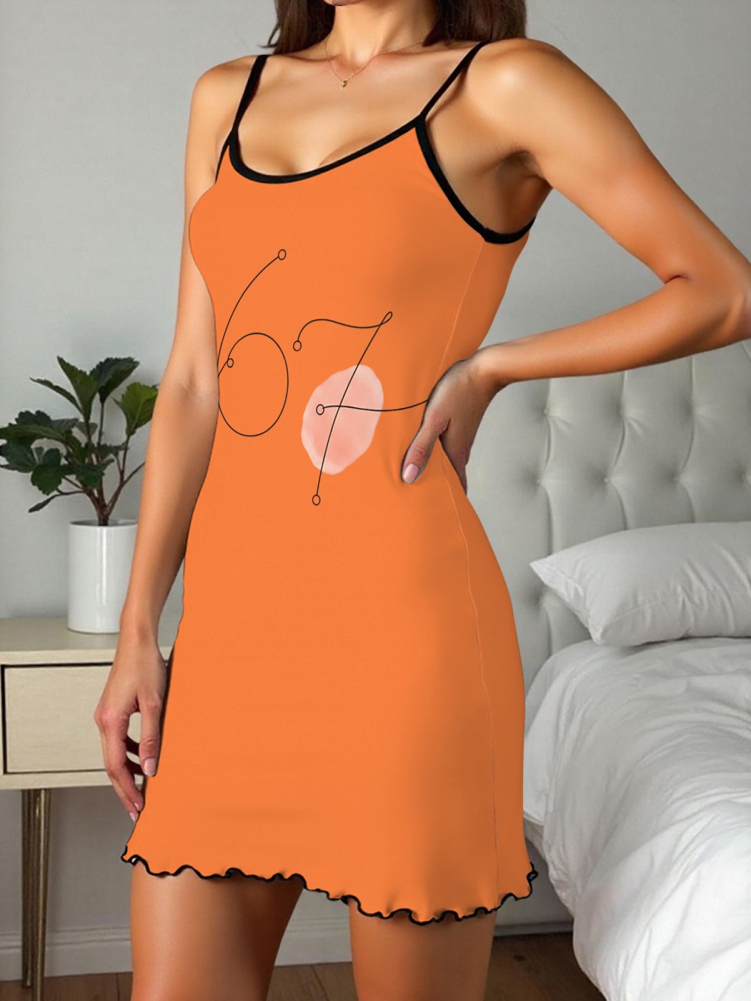 Women's "67" Printed Satin Cami Nightgown - Soft Silky Sleep Dress (6 Colors: Orange/Pink/White/Green/Light Purple/Light Gray)