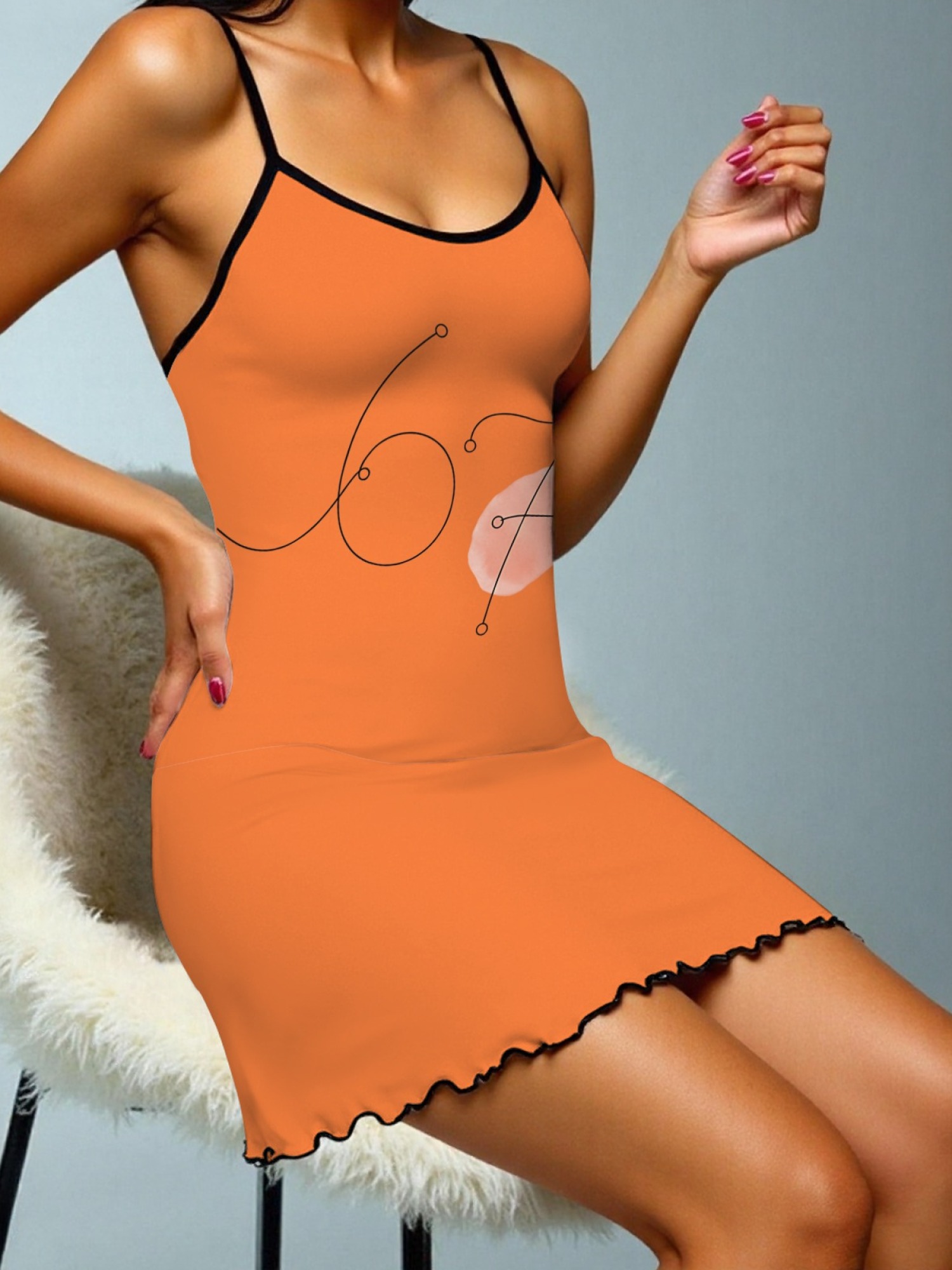 Women's "67" Printed Satin Cami Nightgown - Soft Silky Sleep Dress (6 Colors: Orange/Pink/White/Green/Light Purple/Light Gray)