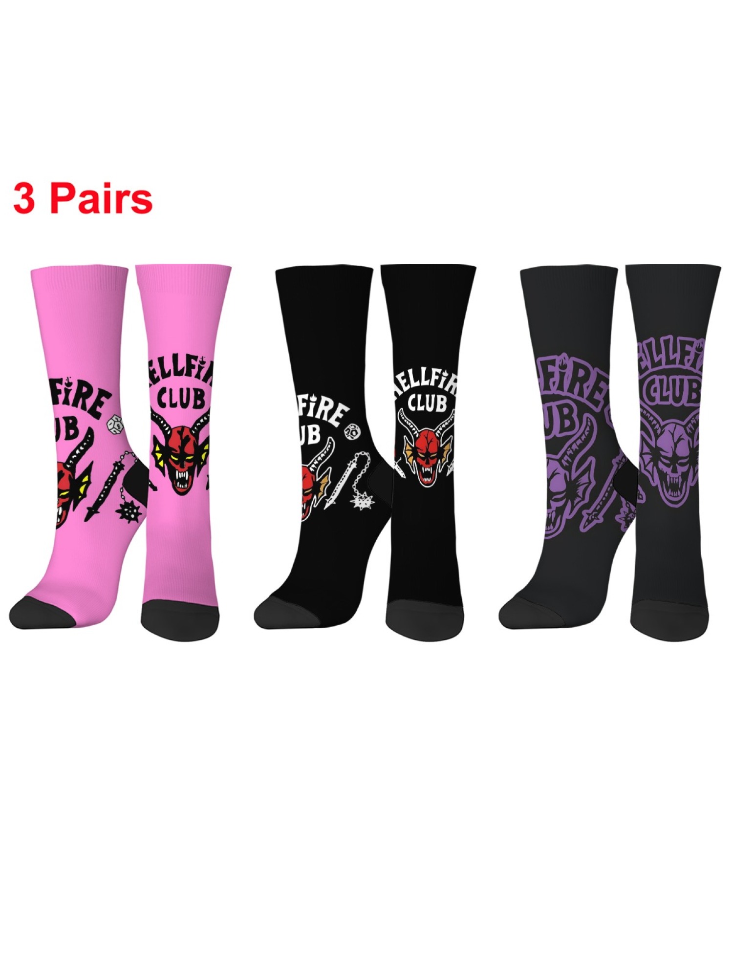 Stranger Things "Hellfire Club" Socks | Season 4 Inspired D&D Crew Sock Set (3 Pairs)