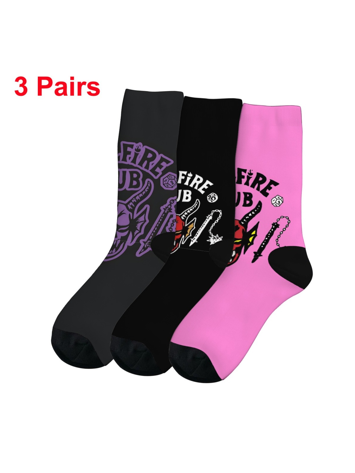 Stranger Things "Hellfire Club" Socks | Season 4 Inspired D&D Crew Sock Set (3 Pairs)