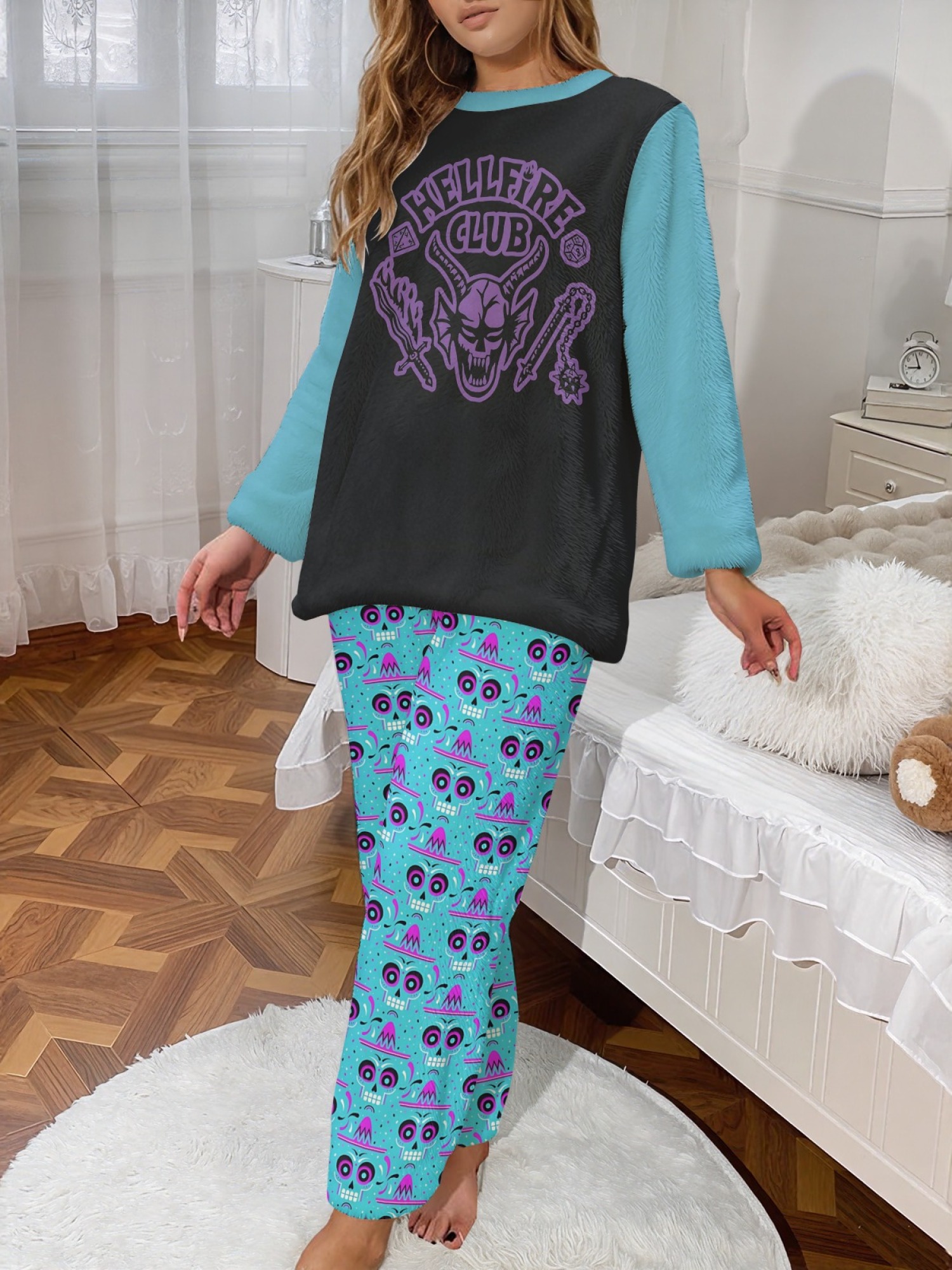 Stranger Things "Hellfire Club" Women's Fuzzy Fleece Pajama Set | Cozy Winter Loungewear with Skull Pants