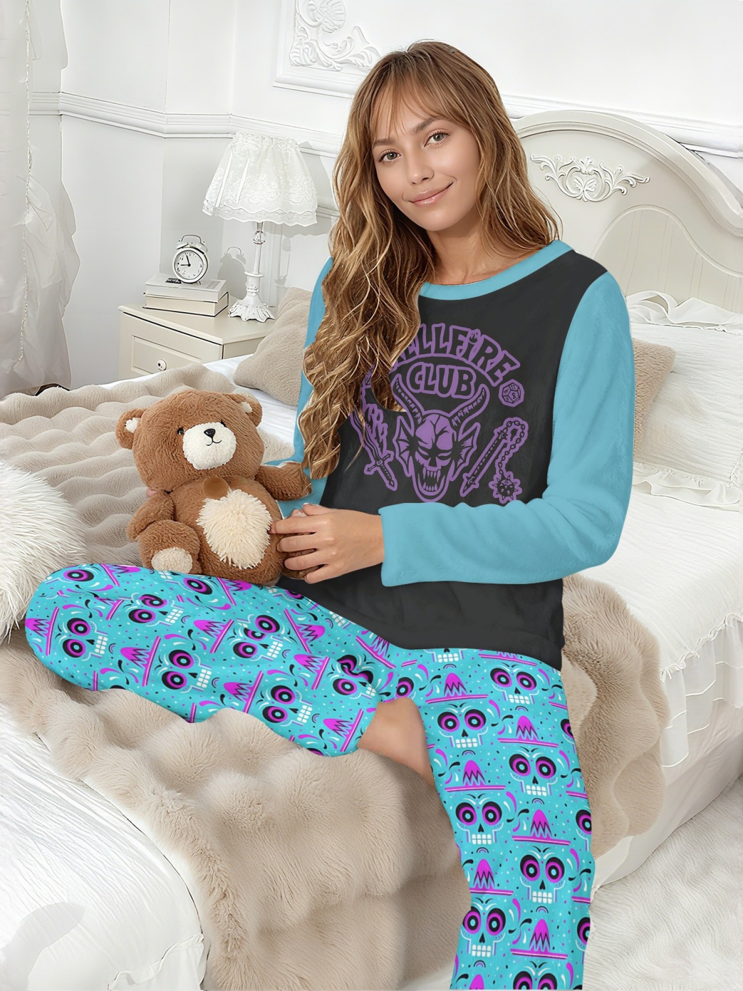 Stranger Things "Hellfire Club" Women's Fuzzy Fleece Pajama Set | Cozy Winter Loungewear with Skull Pants