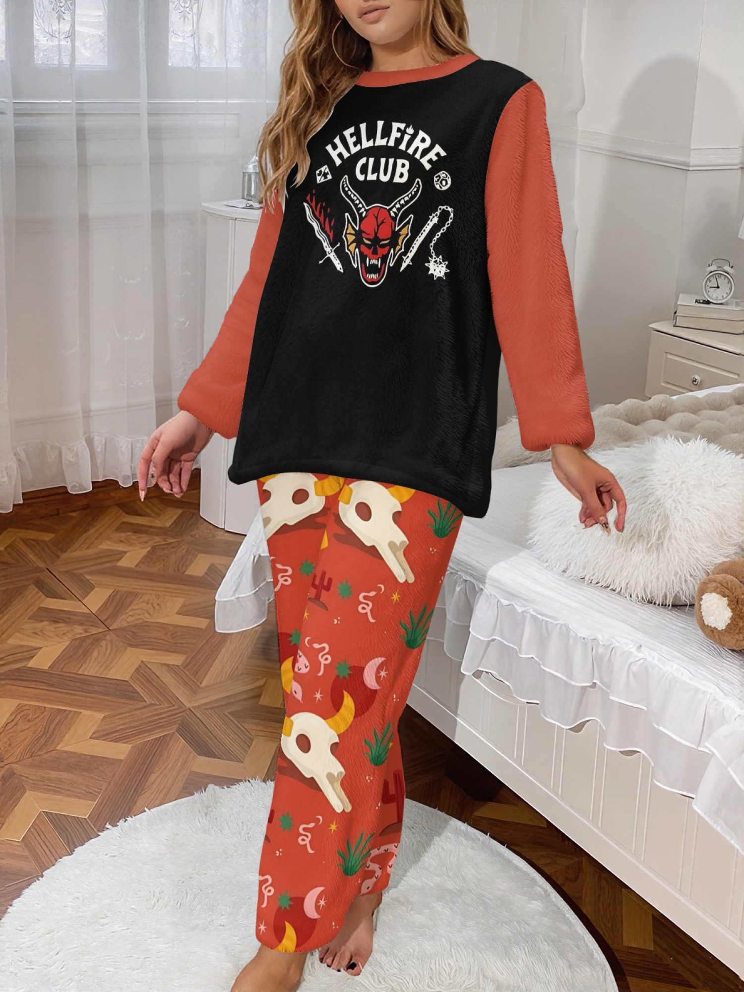 Stranger Things "Hellfire Club" Women's Fuzzy Fleece Pajama Set | Cozy Winter Loungewear with Skull Pants
