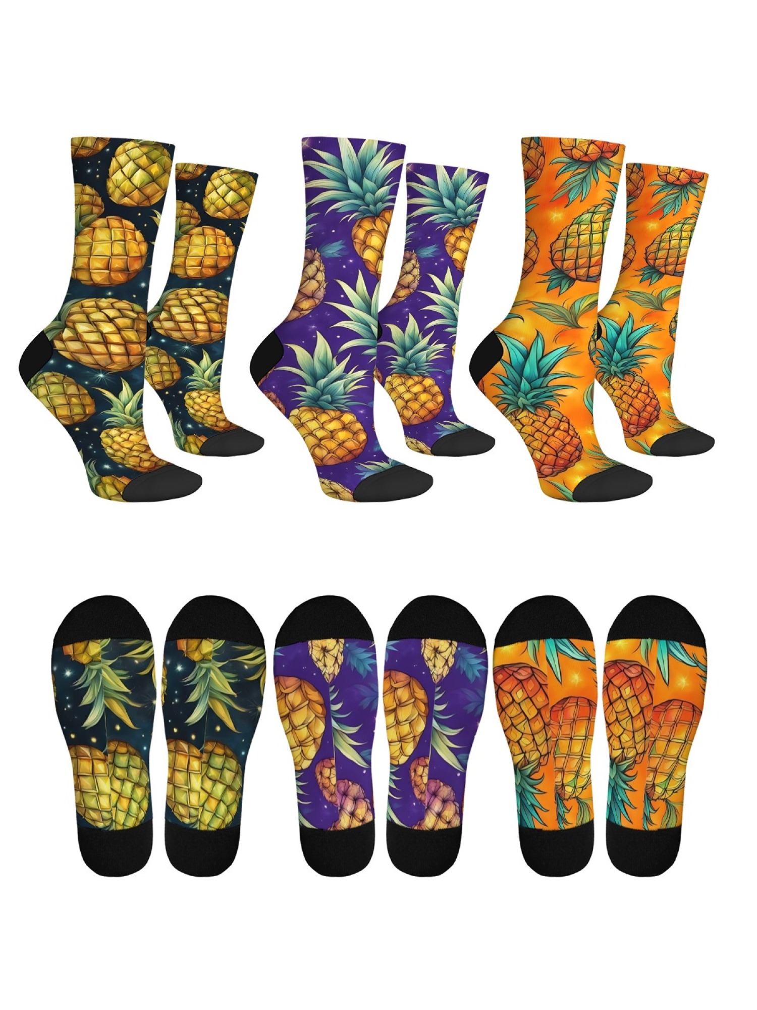 "Tropical Paradise" Pineapple Crew Socks | Vibrant Fruit Print Set (3 Pairs)