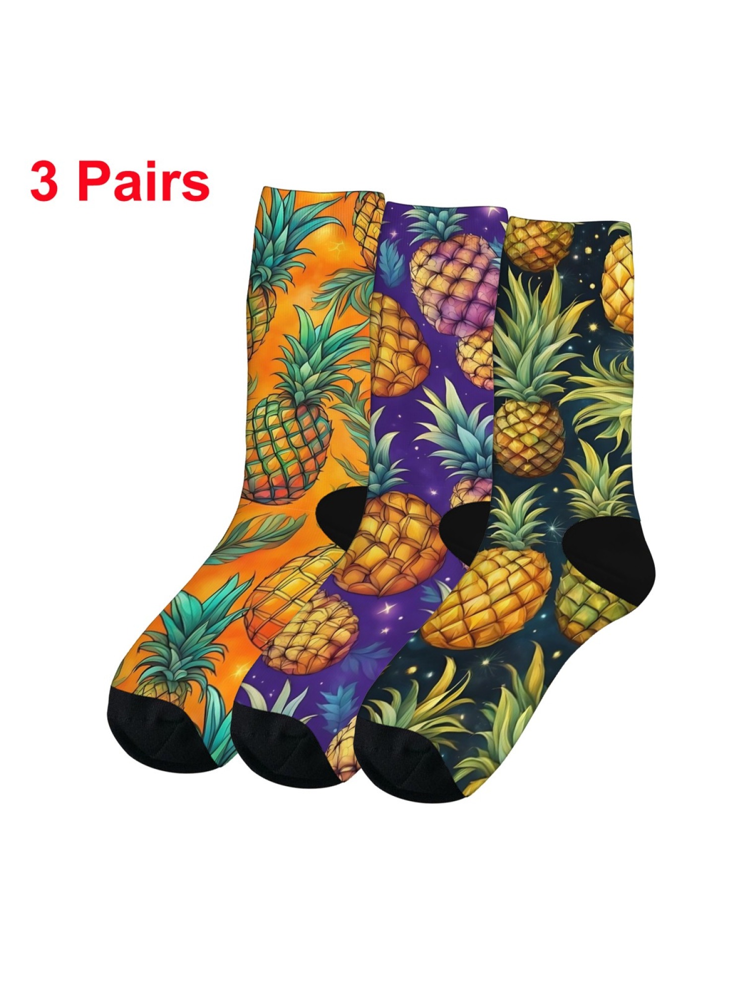"Tropical Paradise" Pineapple Crew Socks | Vibrant Fruit Print Set (3 Pairs)