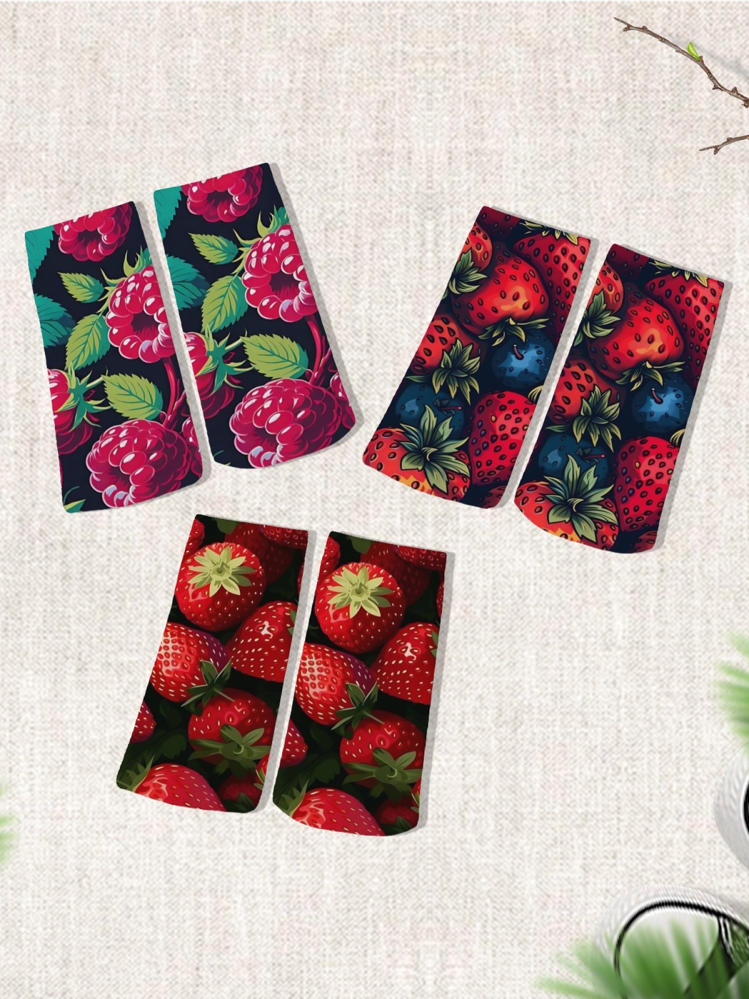 "Very Berry" Garden Fruit Crew Socks | Strawberry & Raspberry Print Set (3 Pairs)