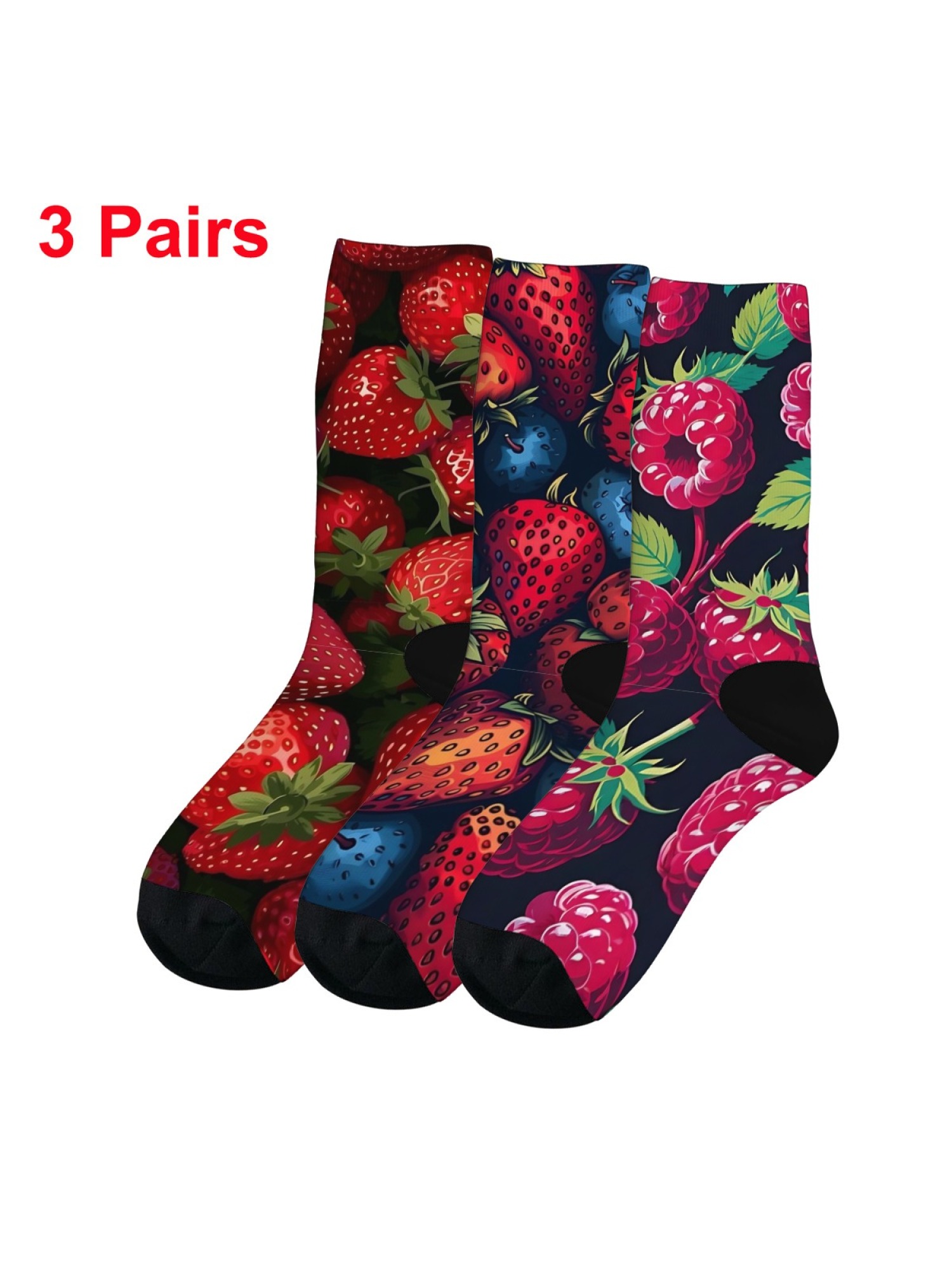 "Very Berry" Garden Fruit Crew Socks | Strawberry & Raspberry Print Set (3 Pairs)