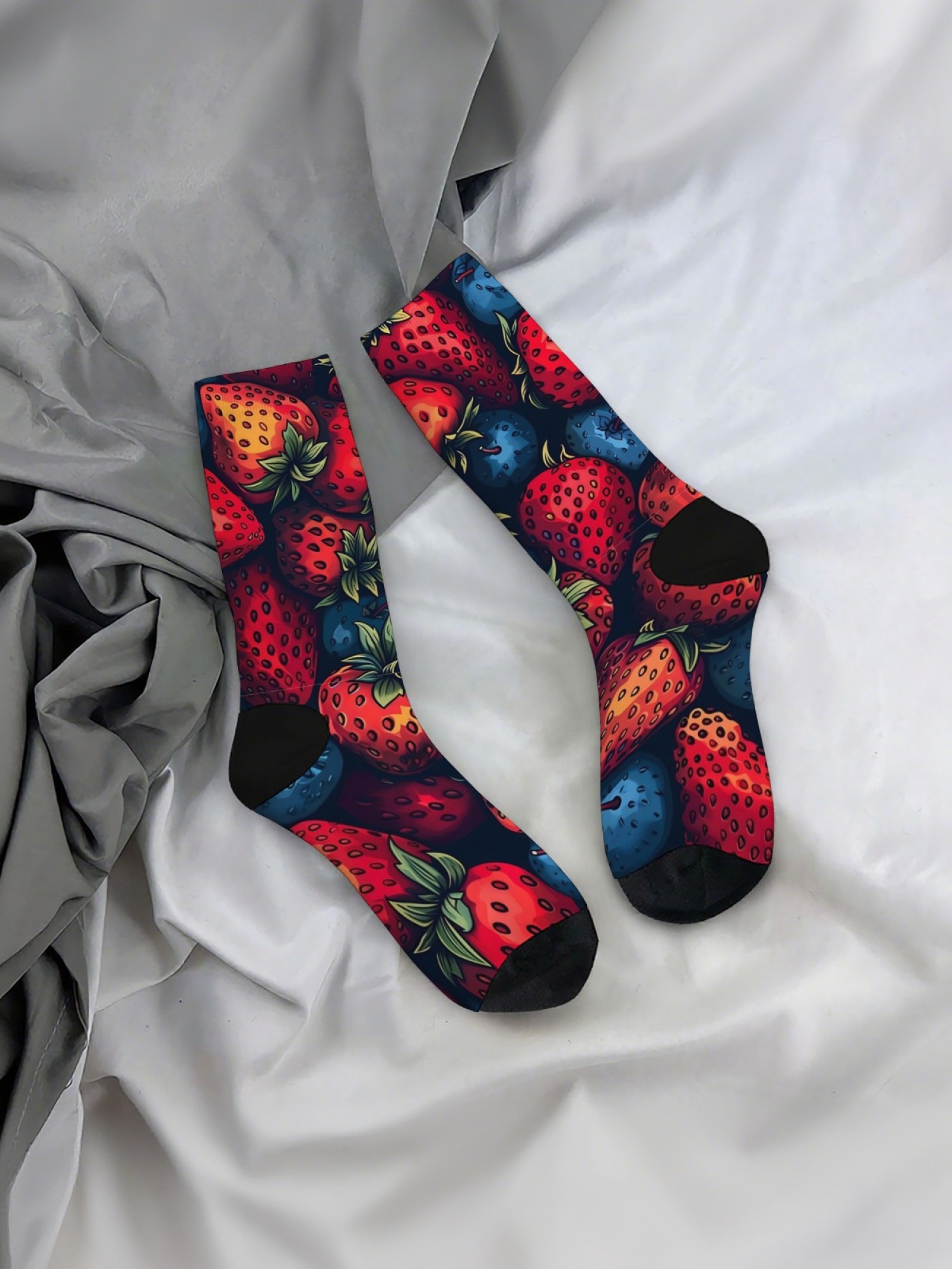"Very Berry" Garden Fruit Crew Socks | Strawberry & Raspberry Print Set (3 Pairs)