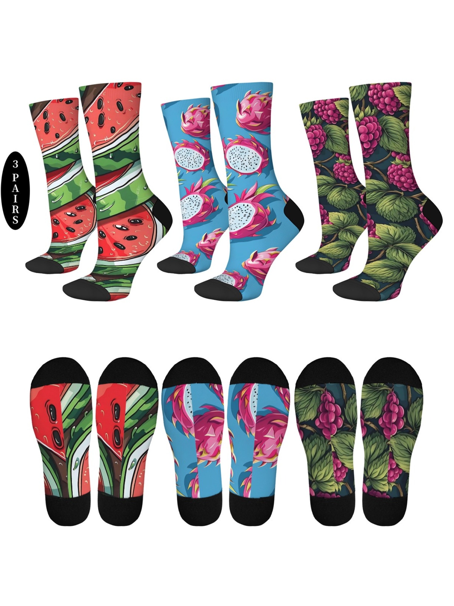 "Tutti Frutti" Fresh Fruit Crew Socks | Watermelon, Dragon Fruit & Berry Set (3 Pairs)