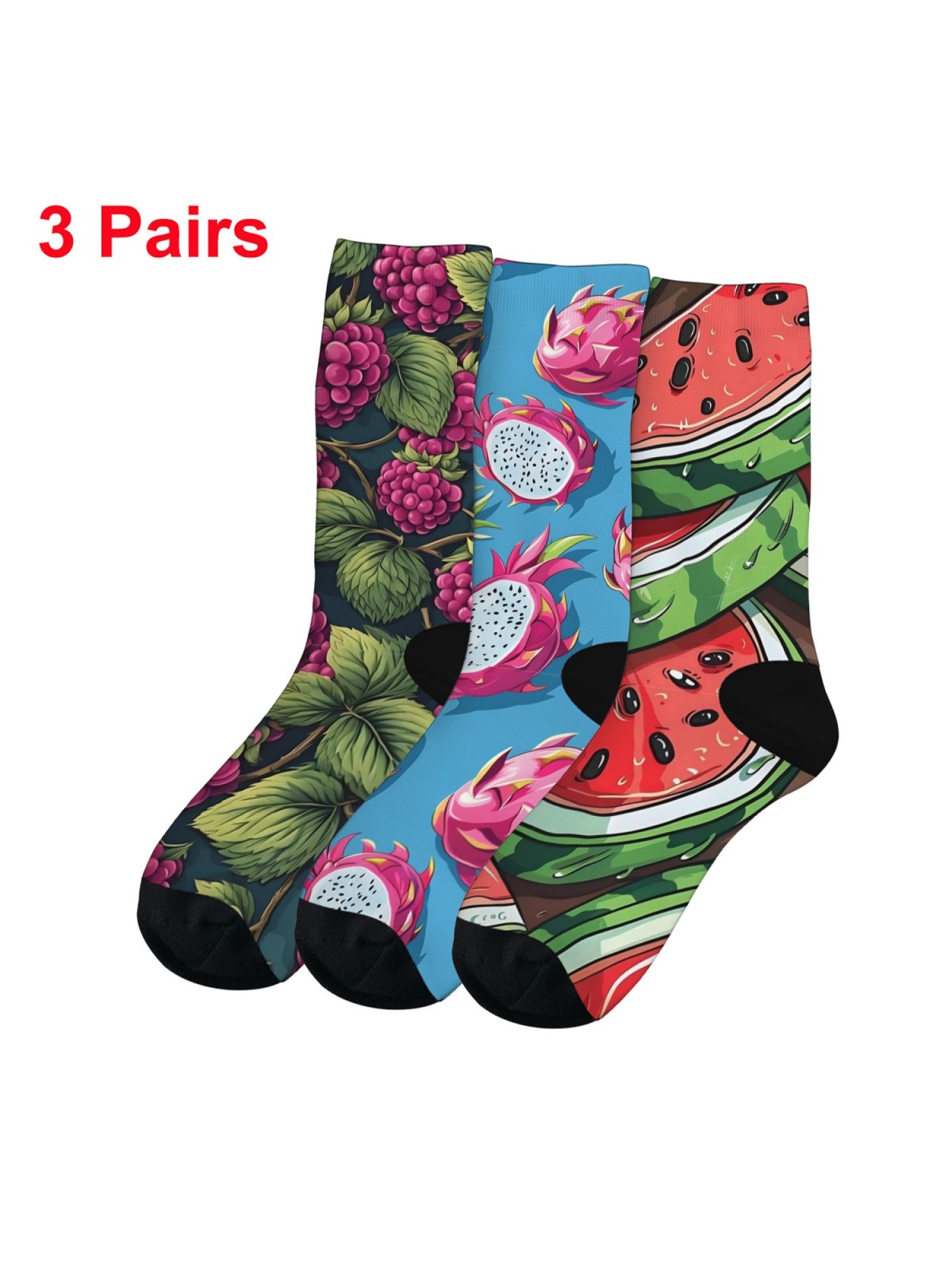 "Tutti Frutti" Fresh Fruit Crew Socks | Watermelon, Dragon Fruit & Berry Set (3 Pairs)