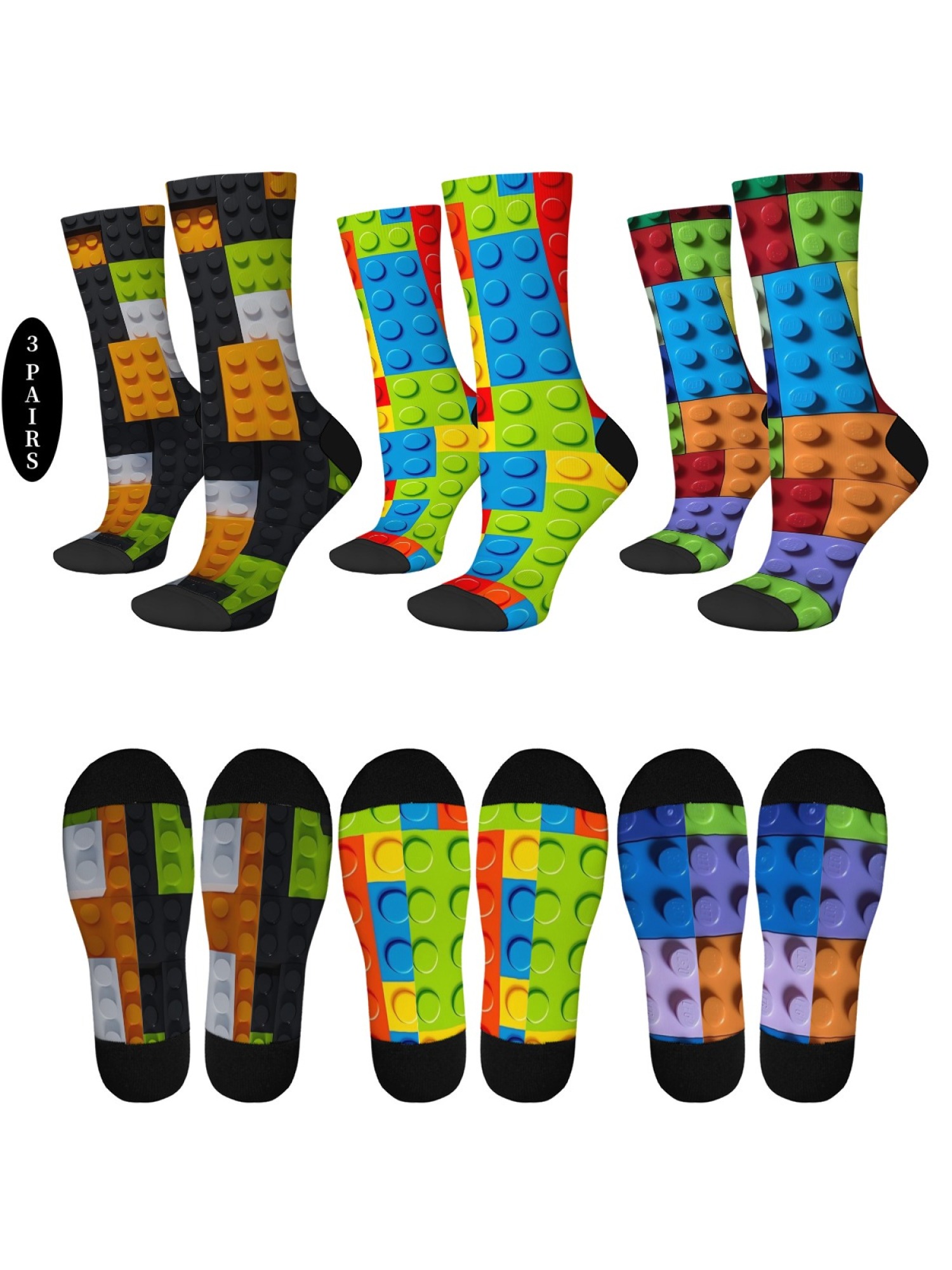 "Master Builder" Colorful Building Block Socks | 3D Toy Brick Graphic Crew Sock Set (3 Pairs)