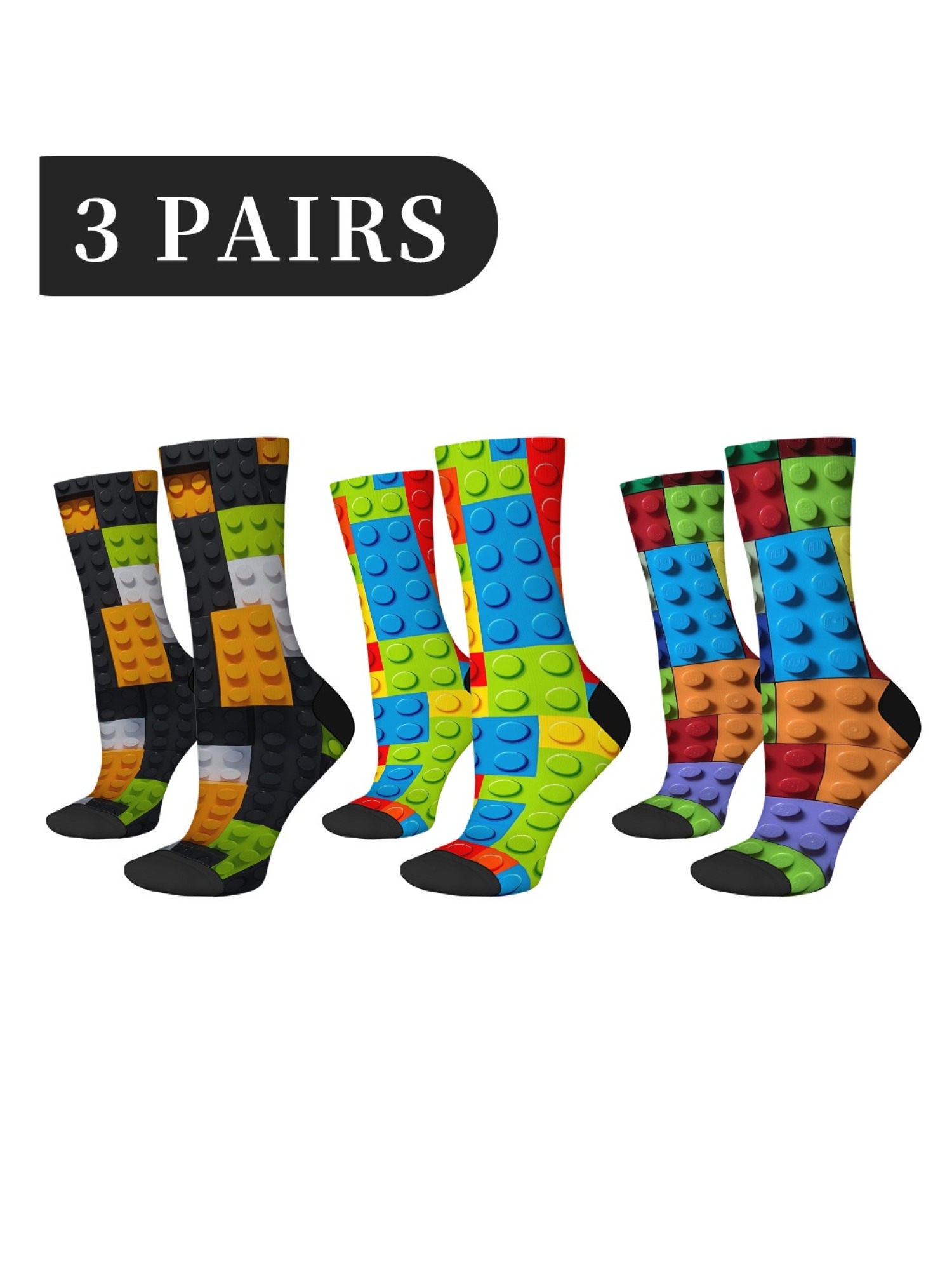 "Master Builder" Colorful Building Block Socks | 3D Toy Brick Graphic Crew Sock Set (3 Pairs)