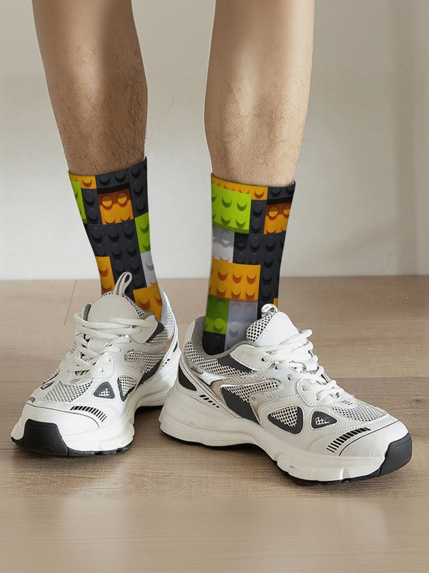 "Master Builder" Colorful Building Block Socks | 3D Toy Brick Graphic Crew Sock Set (3 Pairs)