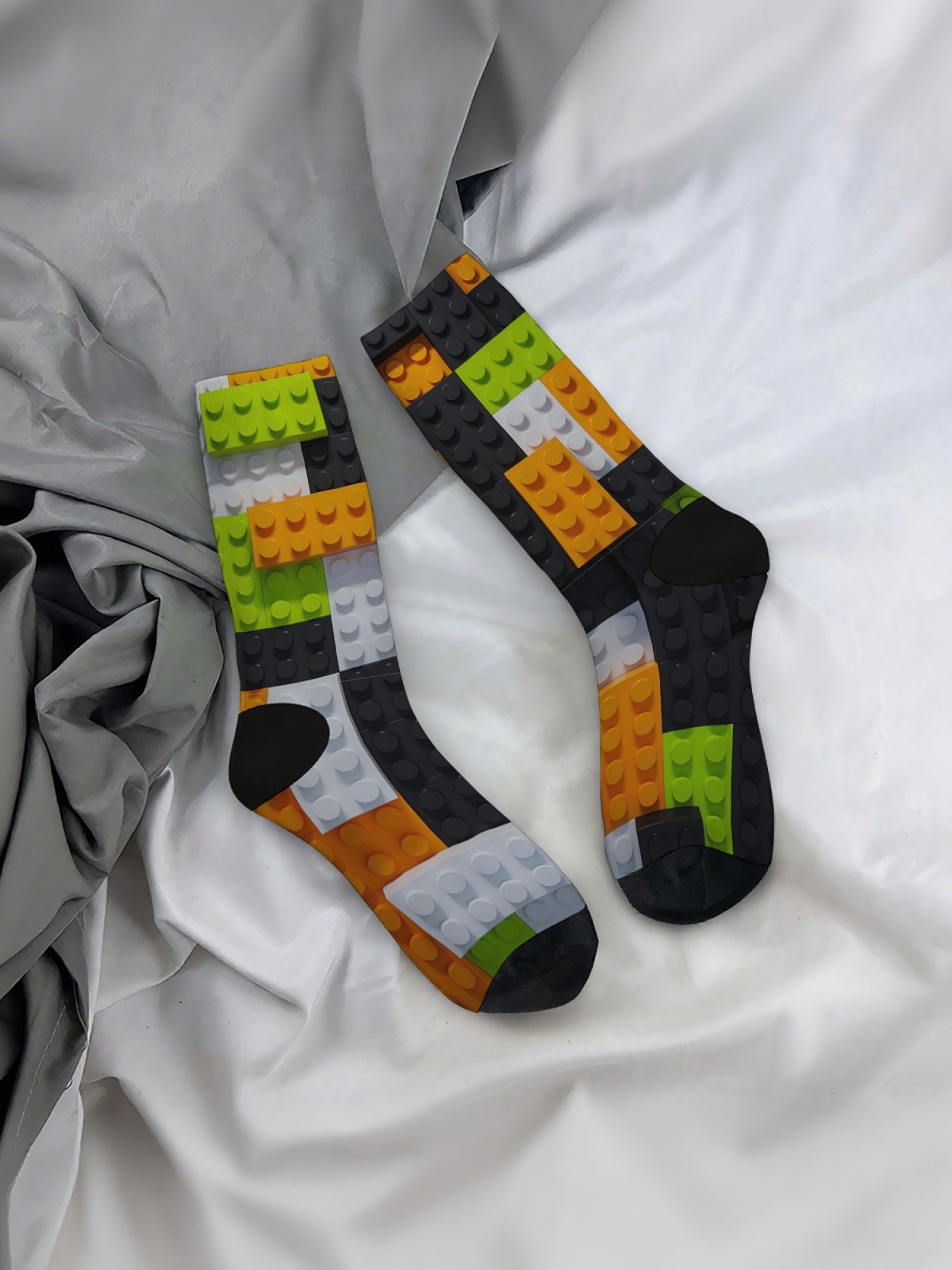 "Master Builder" Colorful Building Block Socks | 3D Toy Brick Graphic Crew Sock Set (3 Pairs)