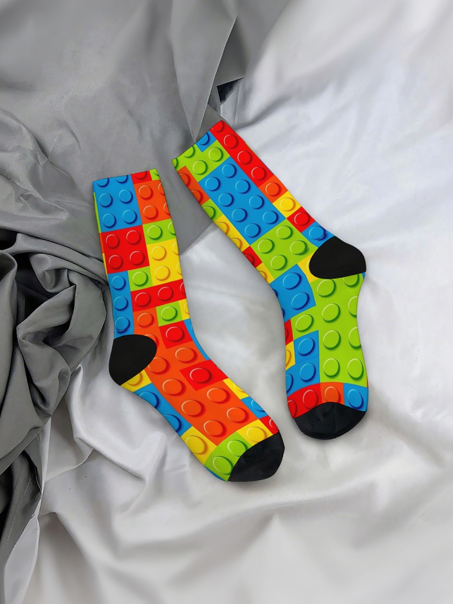 "Master Builder" Colorful Building Block Socks | 3D Toy Brick Graphic Crew Sock Set (3 Pairs)