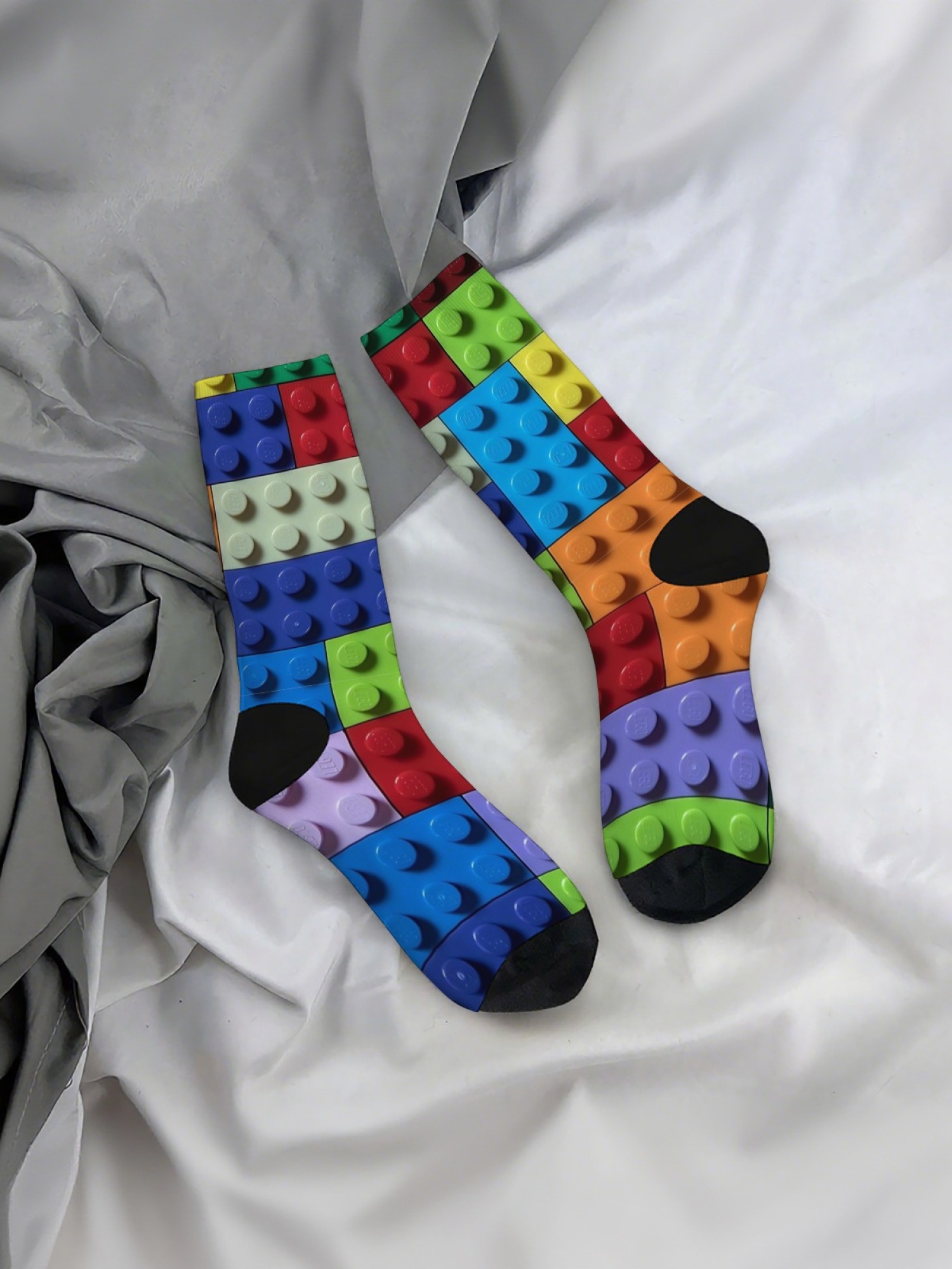 "Master Builder" Colorful Building Block Socks | 3D Toy Brick Graphic Crew Sock Set (3 Pairs)