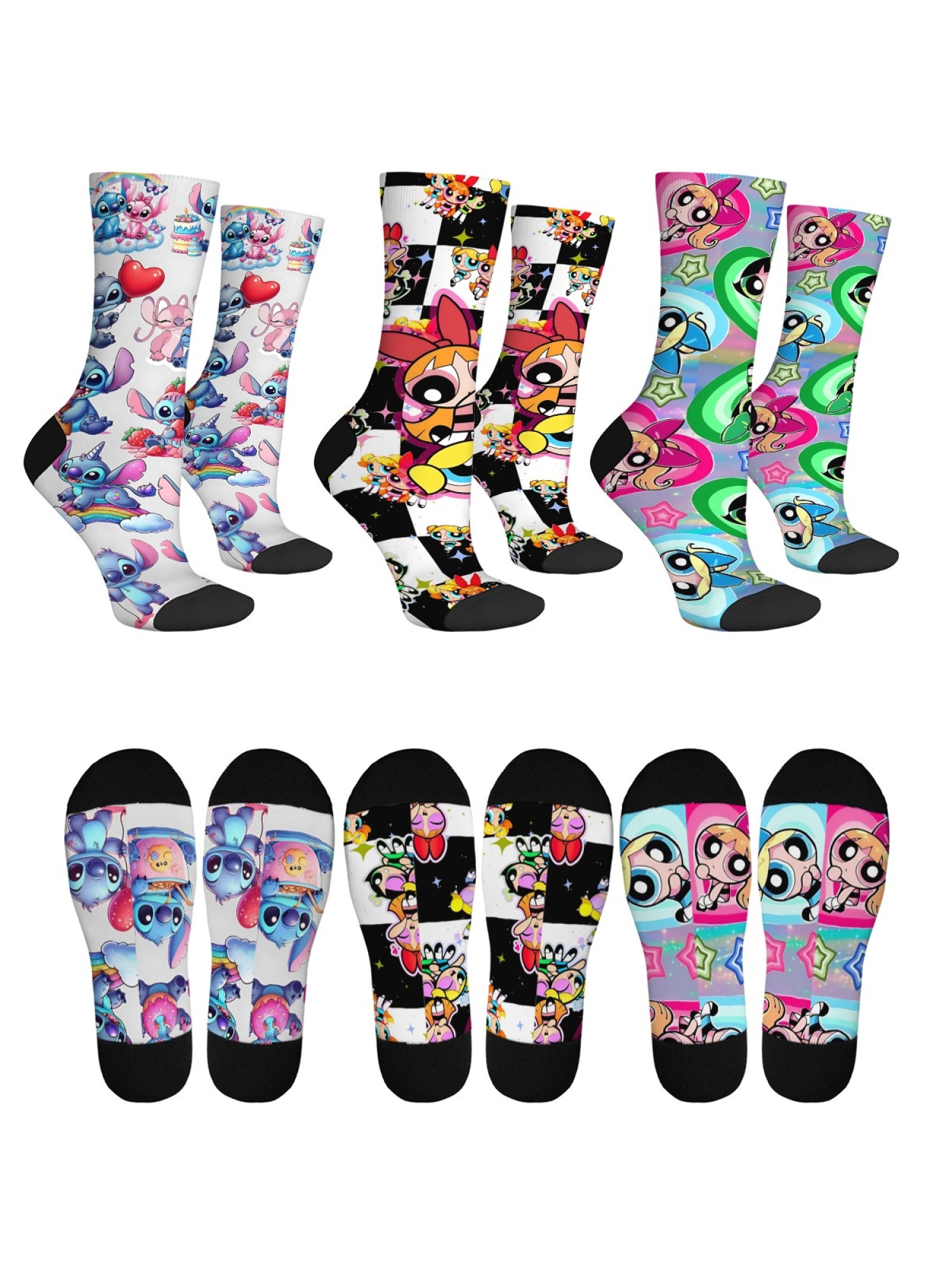 "Y2K Nostalgia" Cartoon Character Crew Socks | Stitch & Powerpuff Girls Graphic Set (3 Pairs)