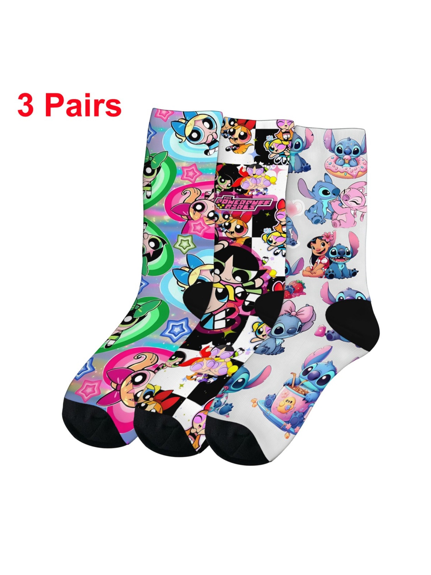"Y2K Nostalgia" Cartoon Character Crew Socks | Stitch & Powerpuff Girls Graphic Set (3 Pairs)