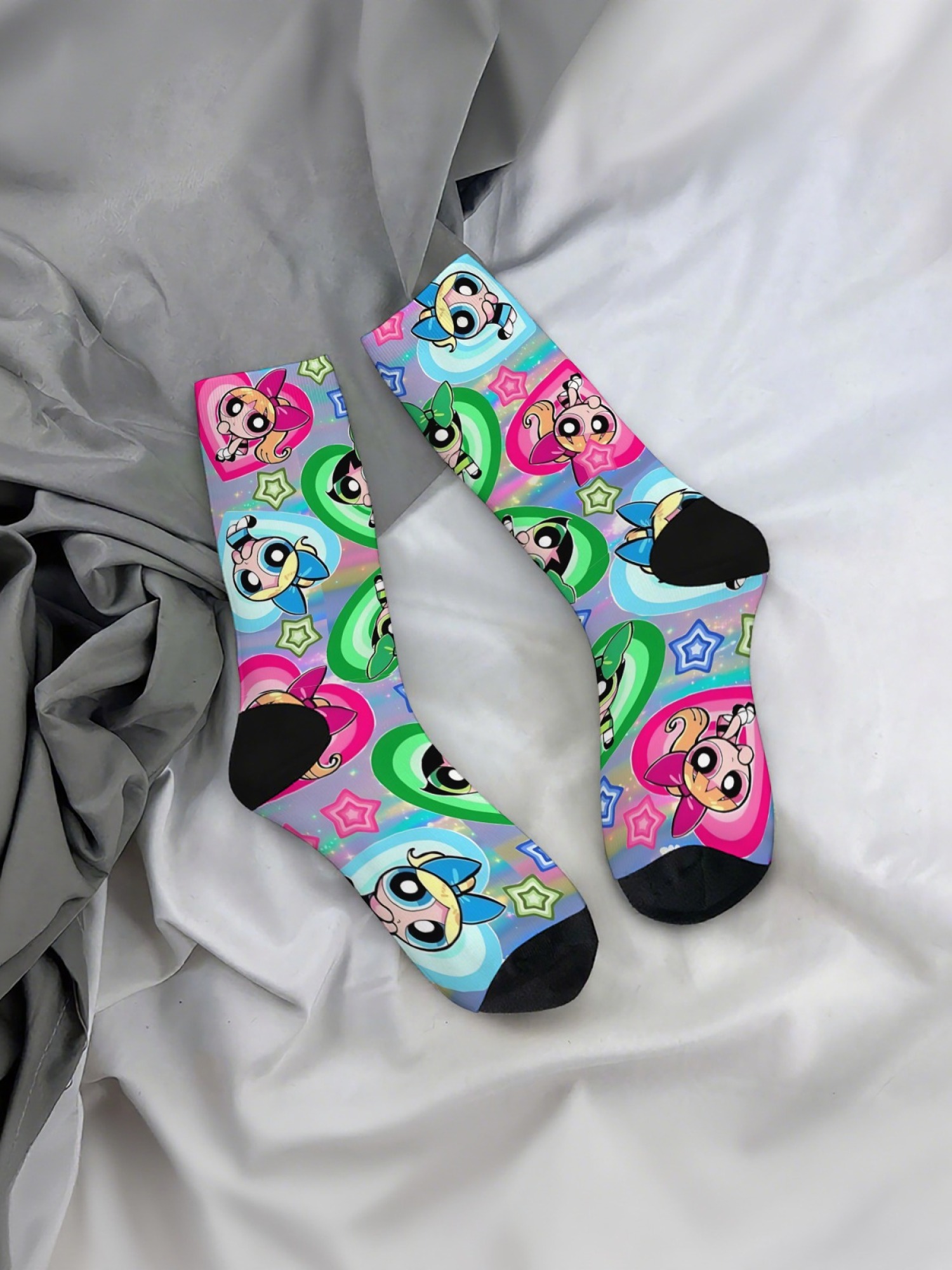 "Y2K Nostalgia" Cartoon Character Crew Socks | Stitch & Powerpuff Girls Graphic Set (3 Pairs)
