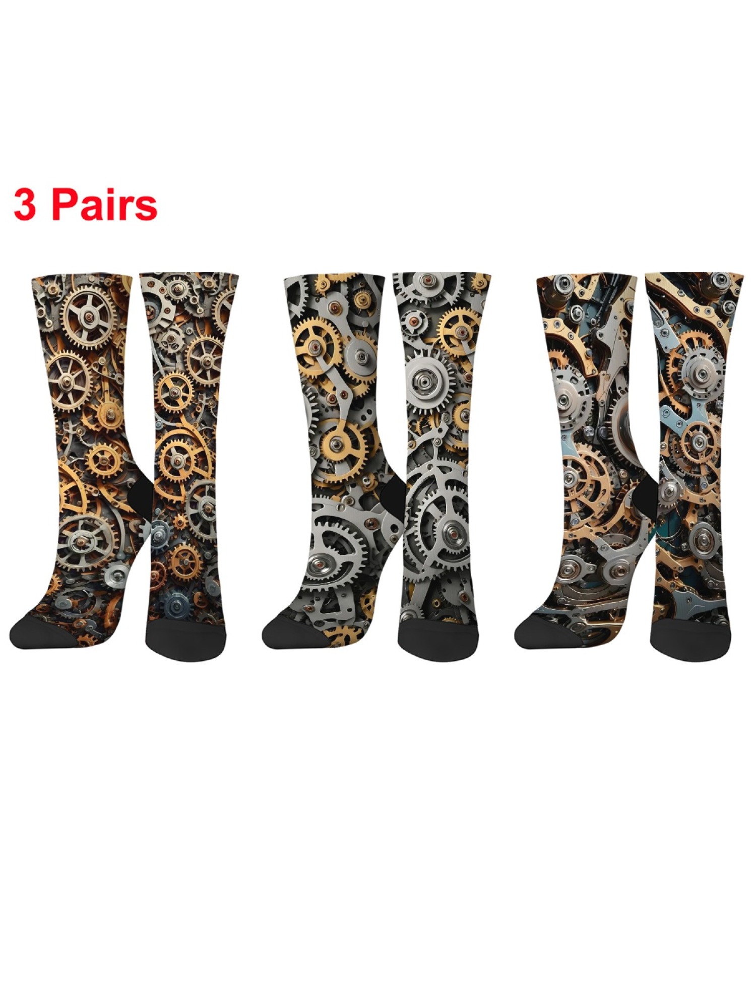  "Mechanical Masterpiece" Steampunk Gear Crew Socks | Industrial Clockwork Print Set (3 Pairs)