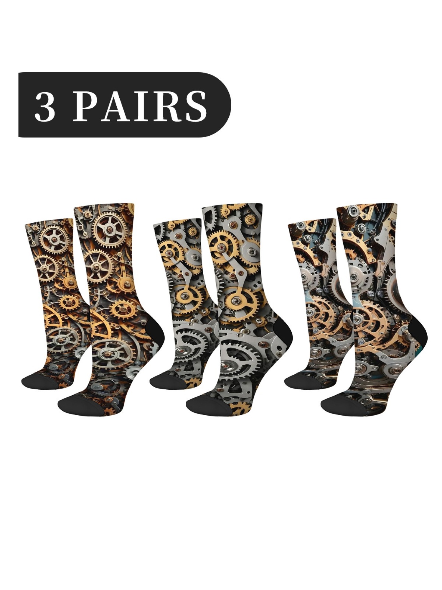  "Mechanical Masterpiece" Steampunk Gear Crew Socks | Industrial Clockwork Print Set (3 Pairs)