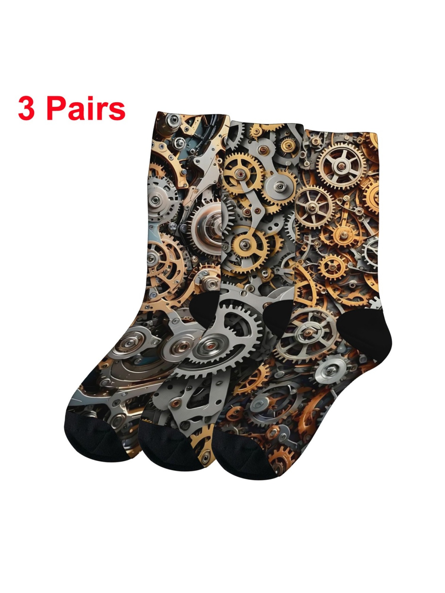  "Mechanical Masterpiece" Steampunk Gear Crew Socks | Industrial Clockwork Print Set (3 Pairs)