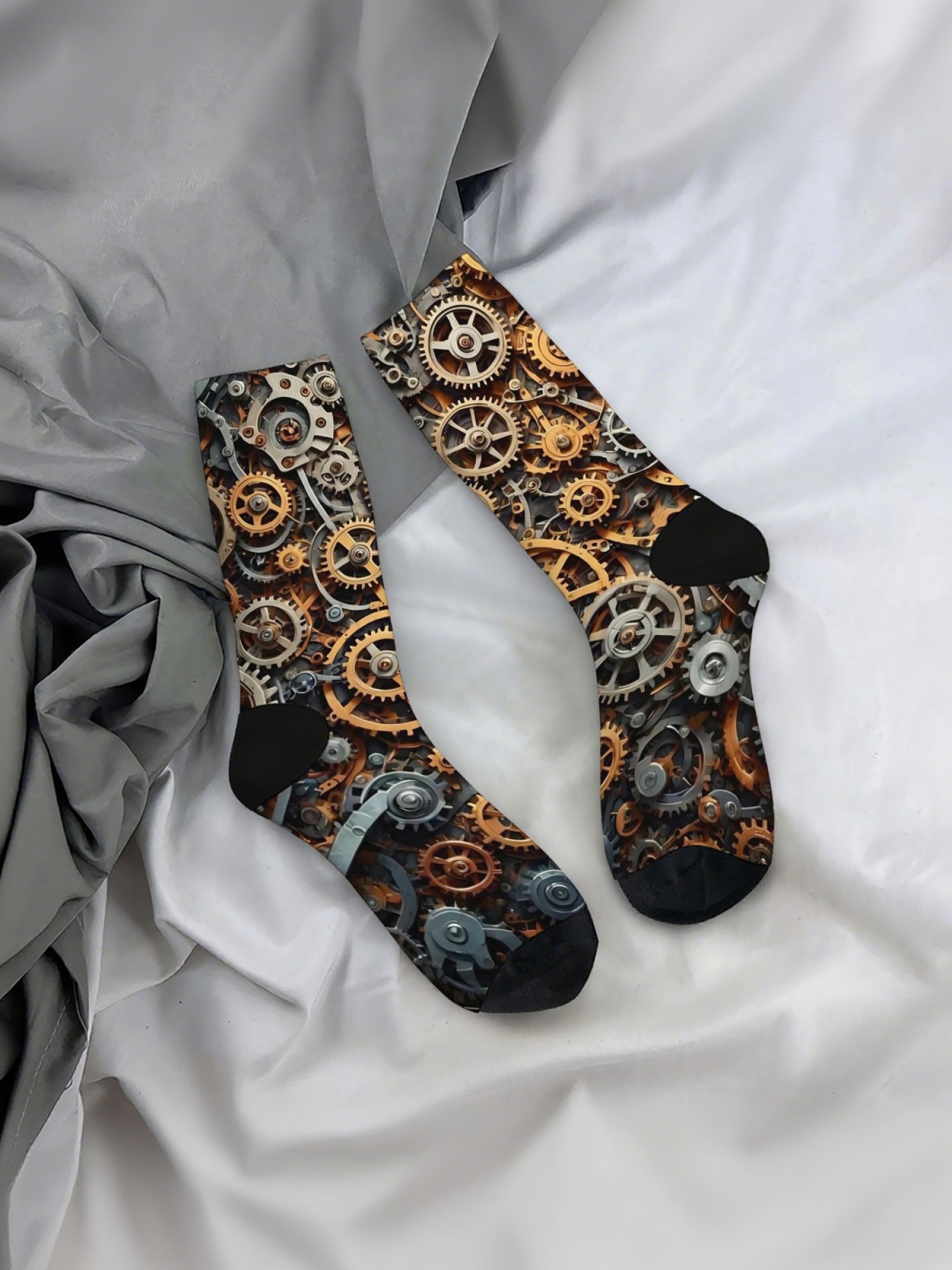  "Mechanical Masterpiece" Steampunk Gear Crew Socks | Industrial Clockwork Print Set (3 Pairs)