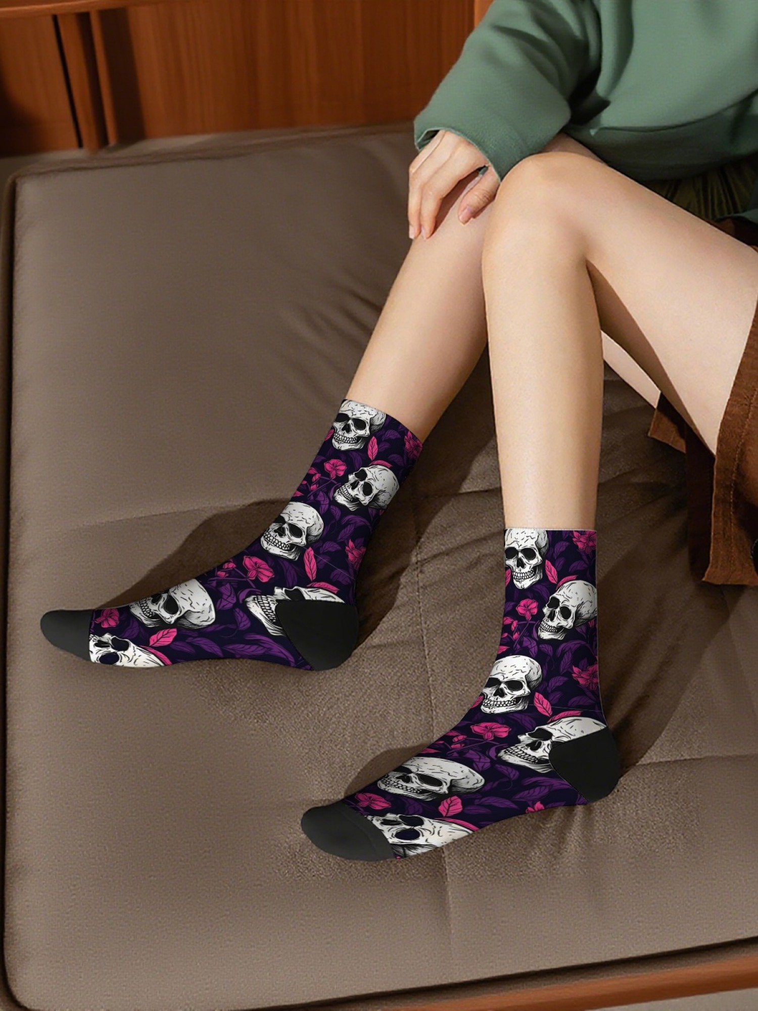 "Floral Skull" Gothic Art Crew Socks | Rose & Butterfly Skeleton Print Set (3 Pairs)