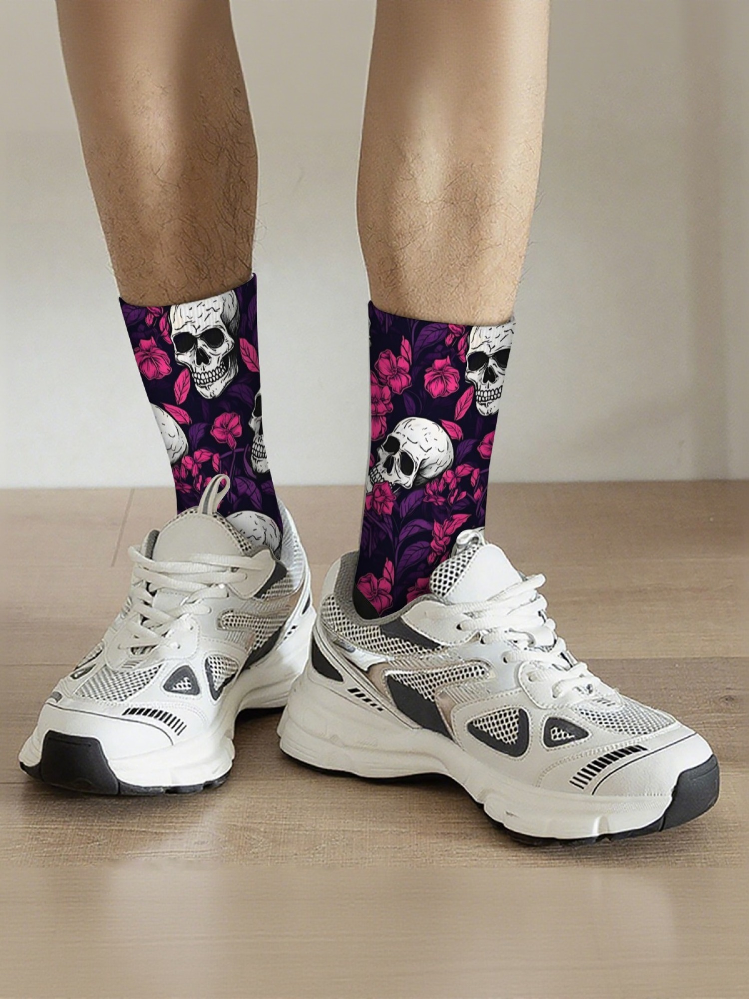 "Floral Skull" Gothic Art Crew Socks | Rose & Butterfly Skeleton Print Set (3 Pairs)