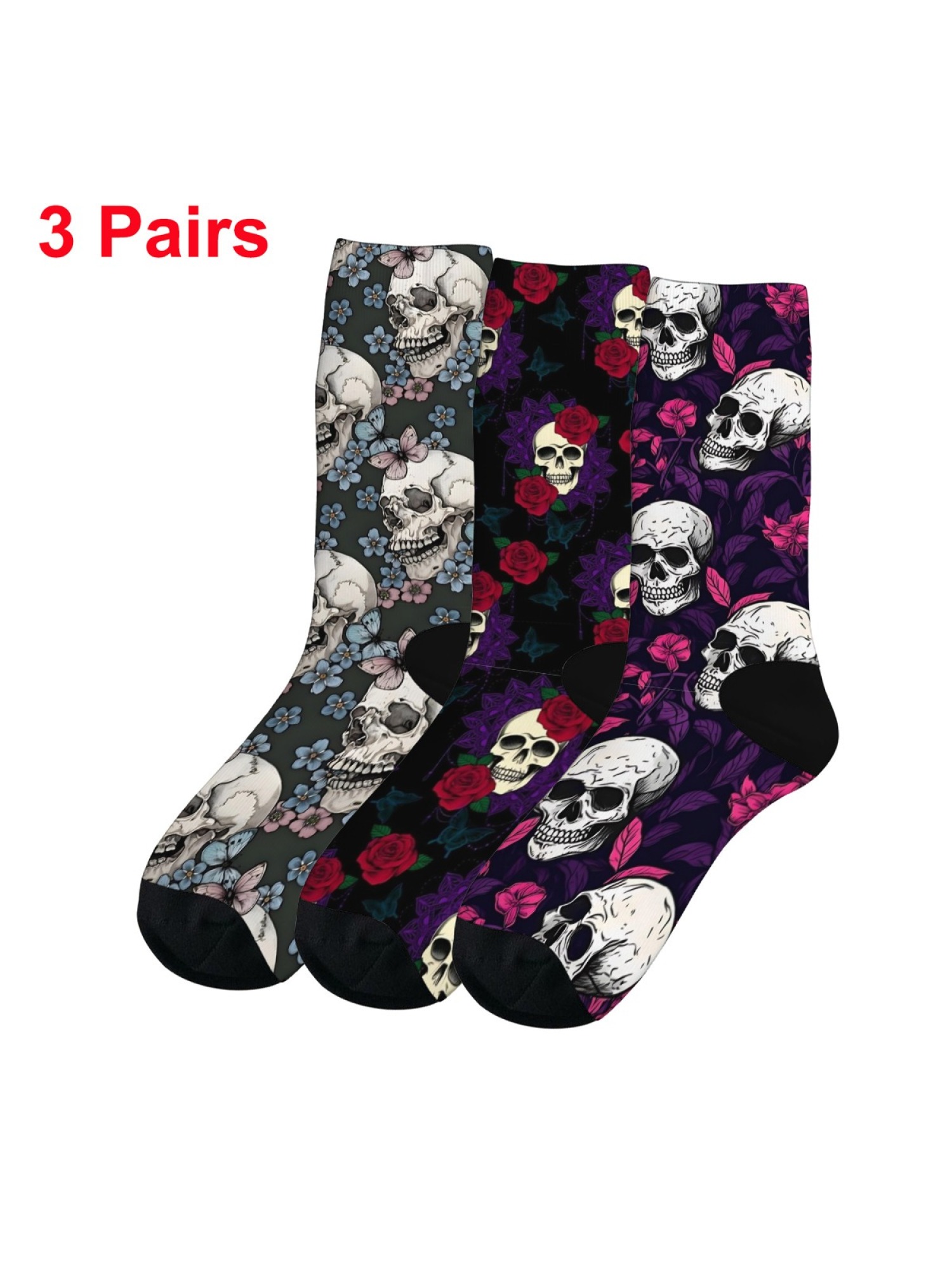 "Floral Skull" Gothic Art Crew Socks | Rose & Butterfly Skeleton Print Set (3 Pairs)