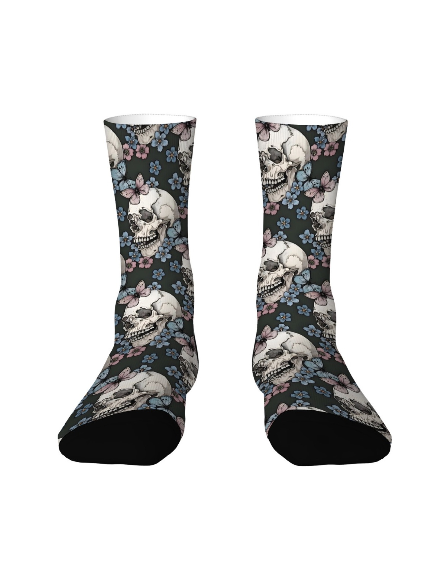 "Floral Skull" Gothic Art Crew Socks | Rose & Butterfly Skeleton Print Set (3 Pairs)