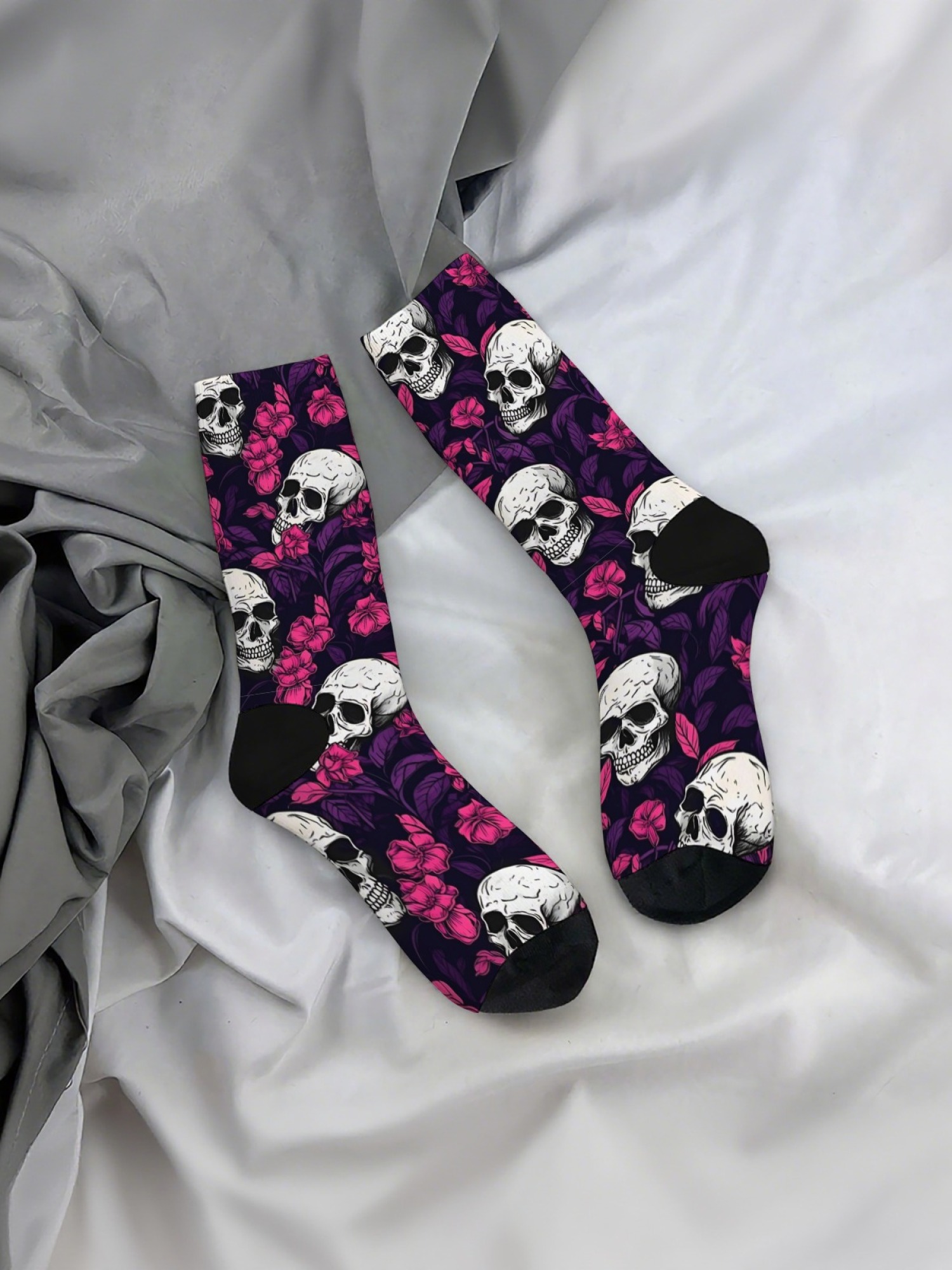 "Floral Skull" Gothic Art Crew Socks | Rose & Butterfly Skeleton Print Set (3 Pairs)