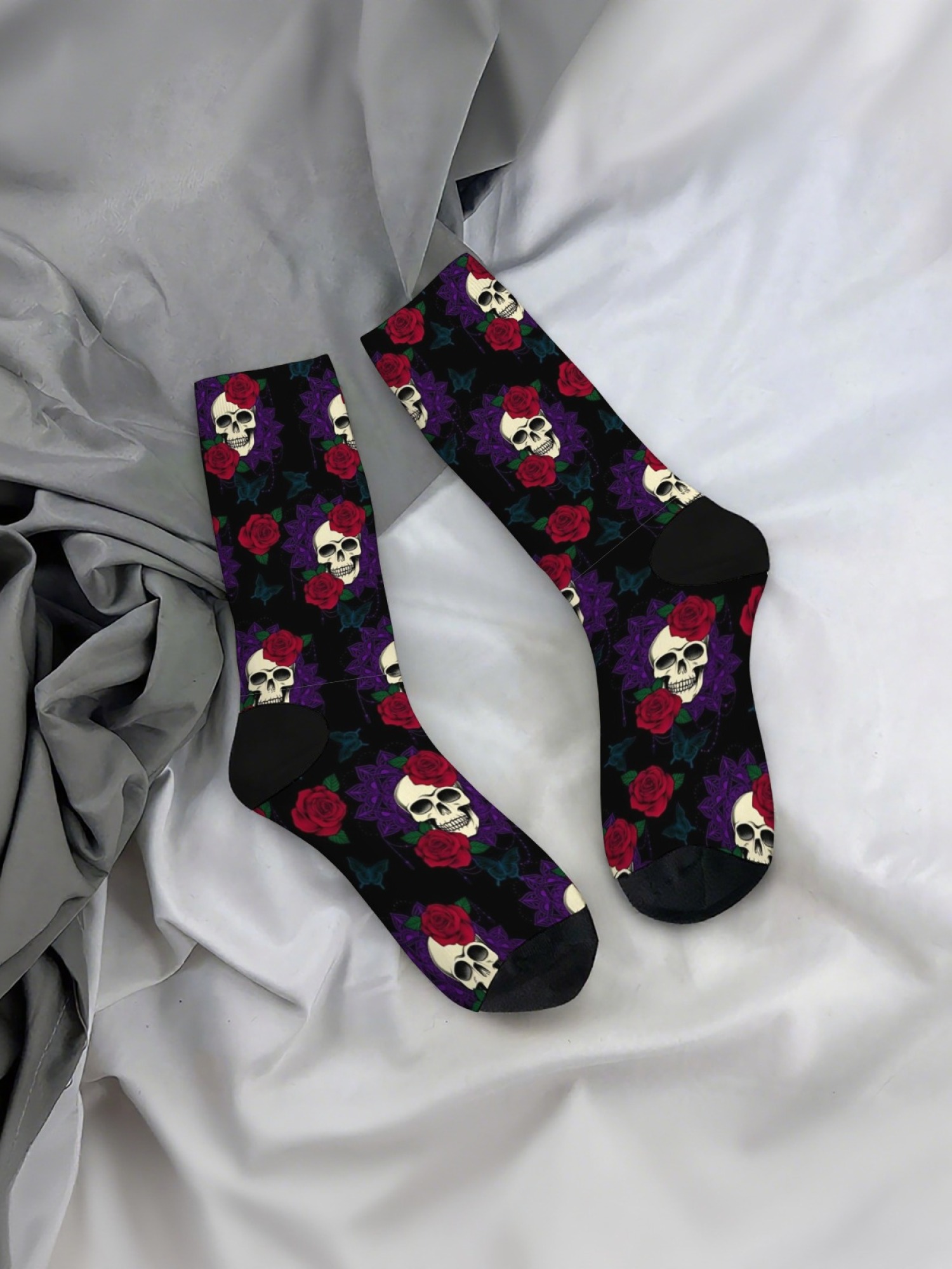 "Floral Skull" Gothic Art Crew Socks | Rose & Butterfly Skeleton Print Set (3 Pairs)