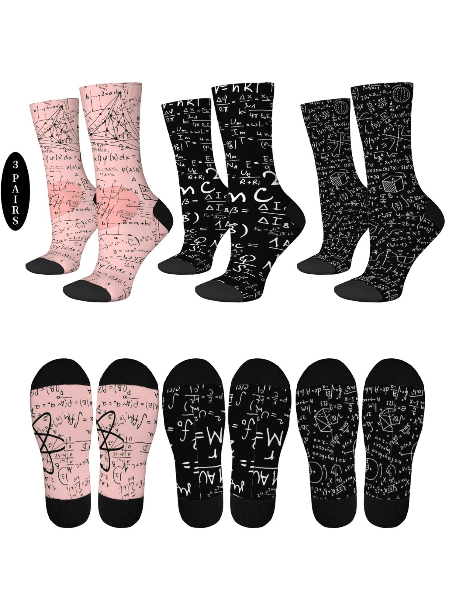 "Math Genius" Formula Crew Socks | Physics & Geometry Graphic Sock Set (3 Pairs)