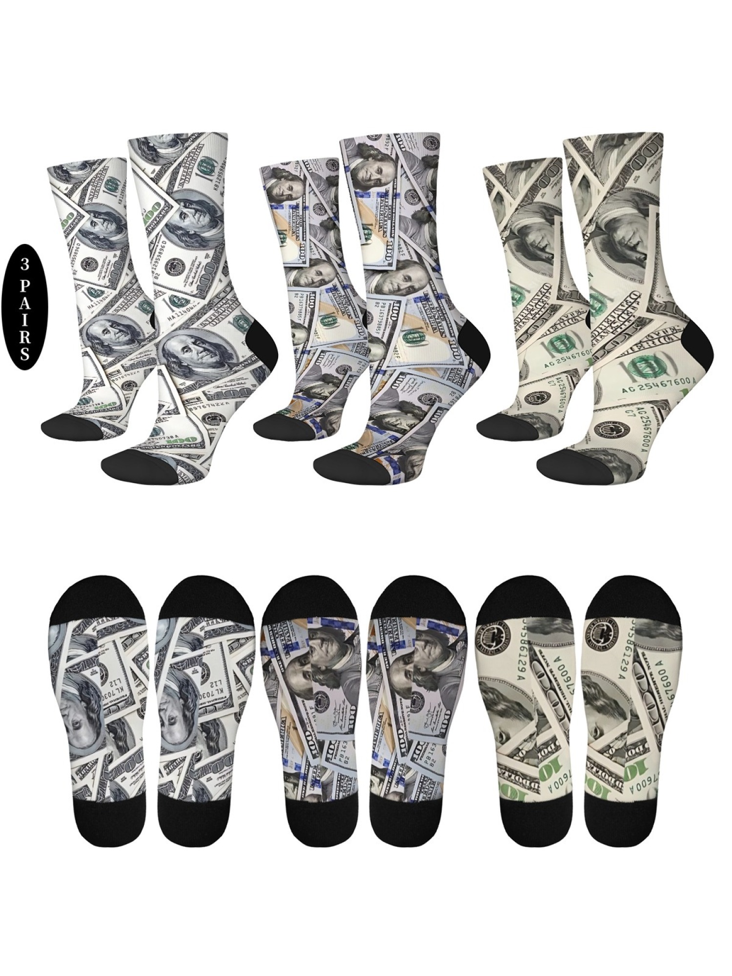 "Million Dollar" Money Print Crew Socks | $100 Bill Graphic Sock Set (3 Pairs)