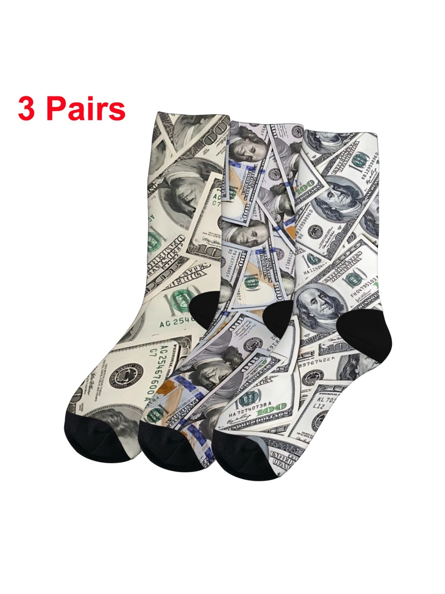 "Million Dollar" Money Print Crew Socks | $100 Bill Graphic Sock Set (3 Pairs)