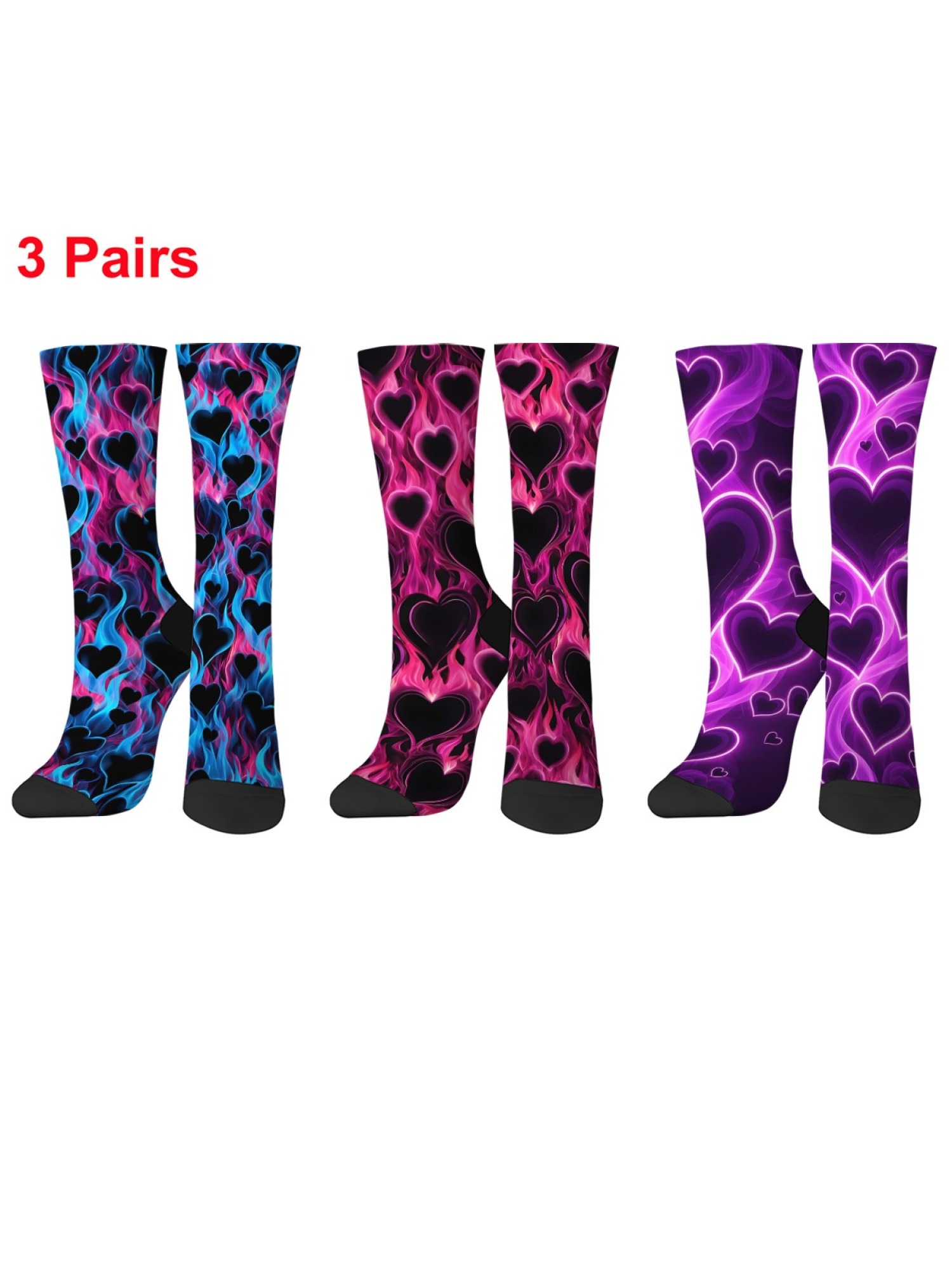 "Burning Love" Flaming Heart Crew Socks | Neon Fire Graphic Sock Set (3 Pairs)