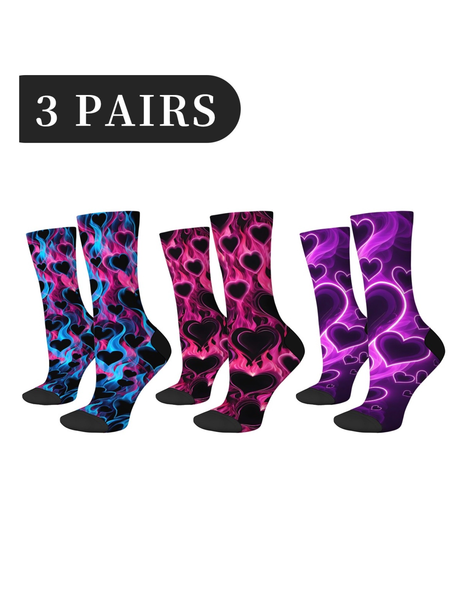 "Burning Love" Flaming Heart Crew Socks | Neon Fire Graphic Sock Set (3 Pairs)