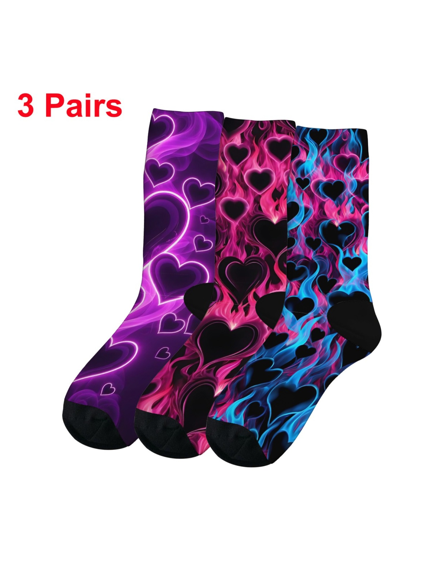 "Burning Love" Flaming Heart Crew Socks | Neon Fire Graphic Sock Set (3 Pairs)