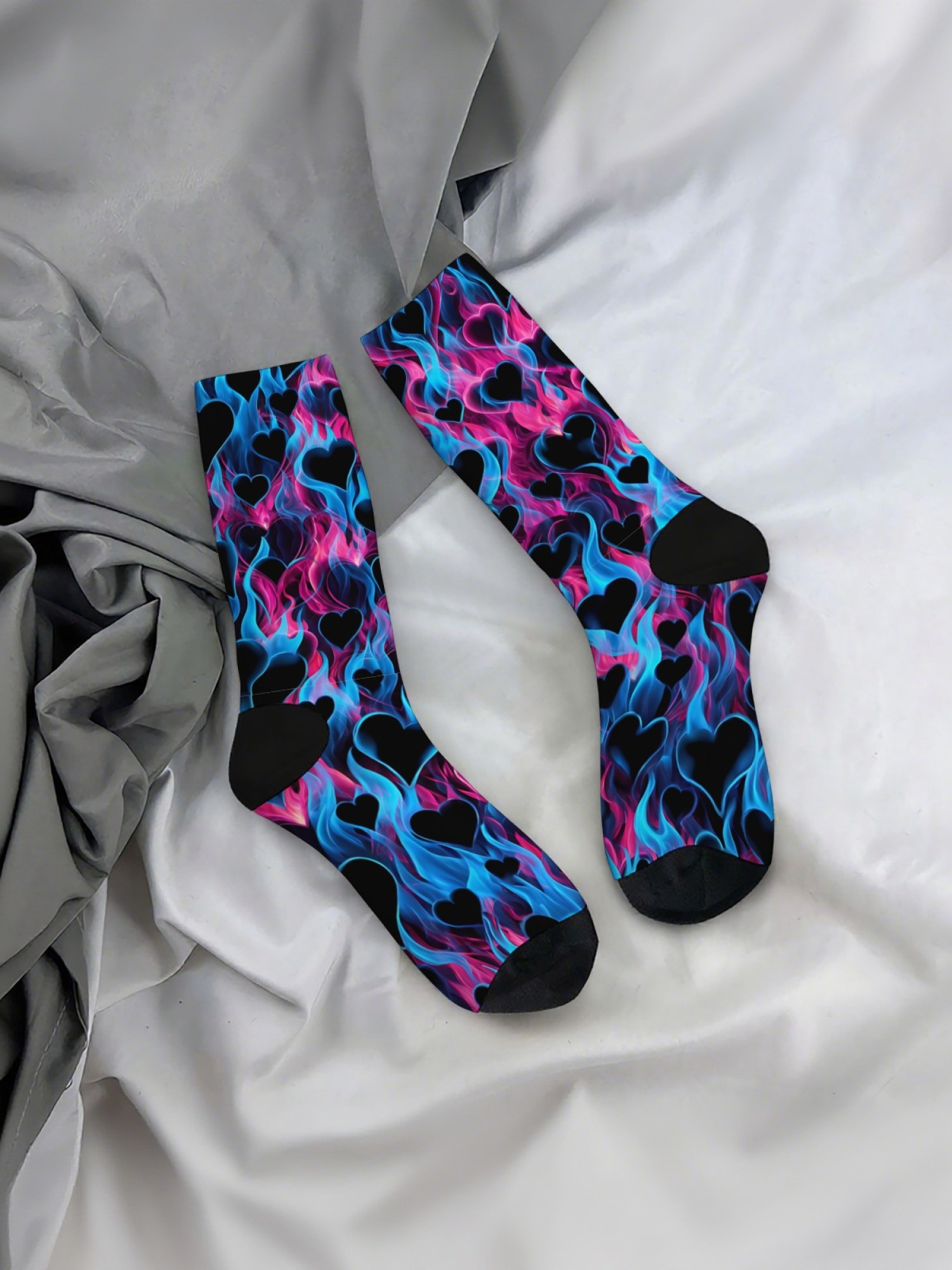 "Burning Love" Flaming Heart Crew Socks | Neon Fire Graphic Sock Set (3 Pairs)