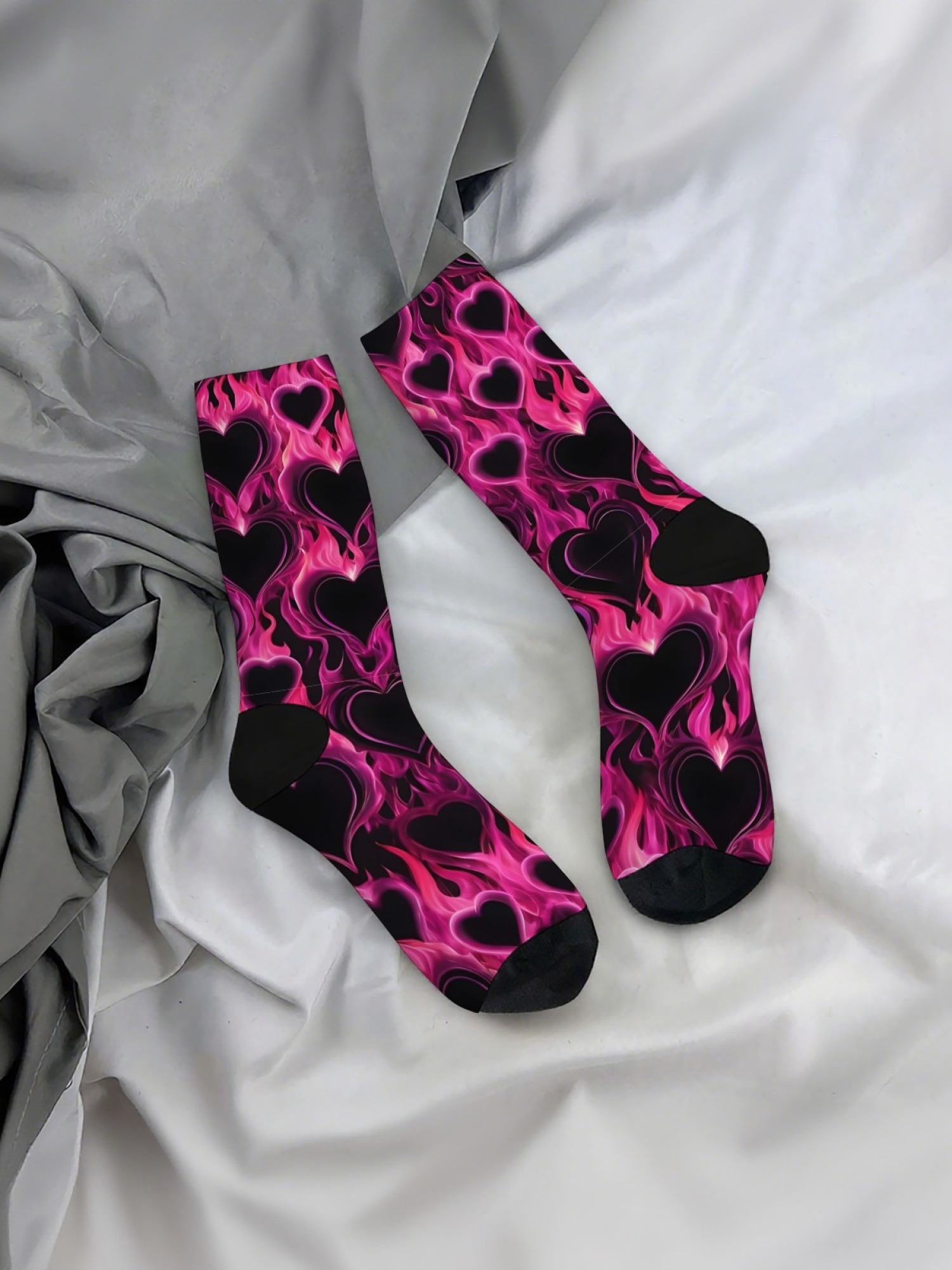 "Burning Love" Flaming Heart Crew Socks | Neon Fire Graphic Sock Set (3 Pairs)